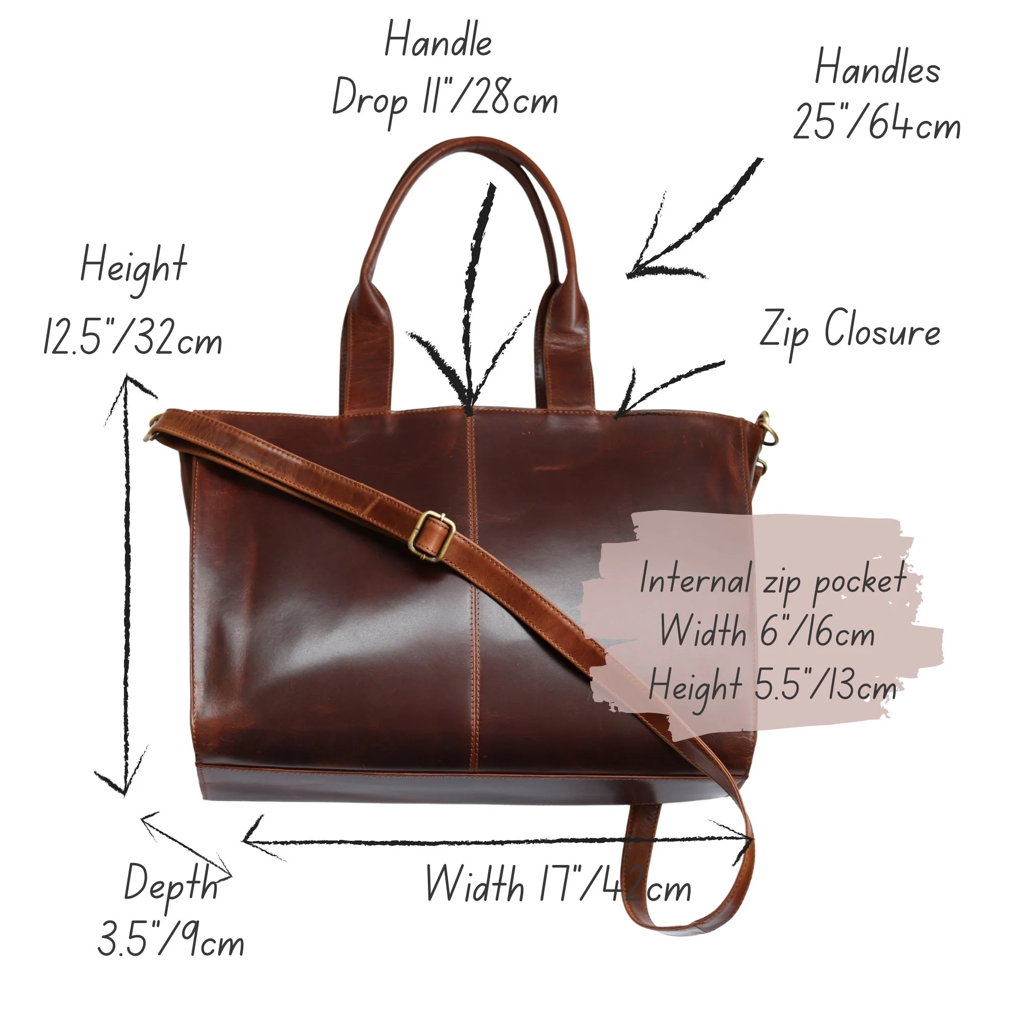 Size guide showing the Verity oversized brown leather tote bag with dimensions, handle drop and strap measurements