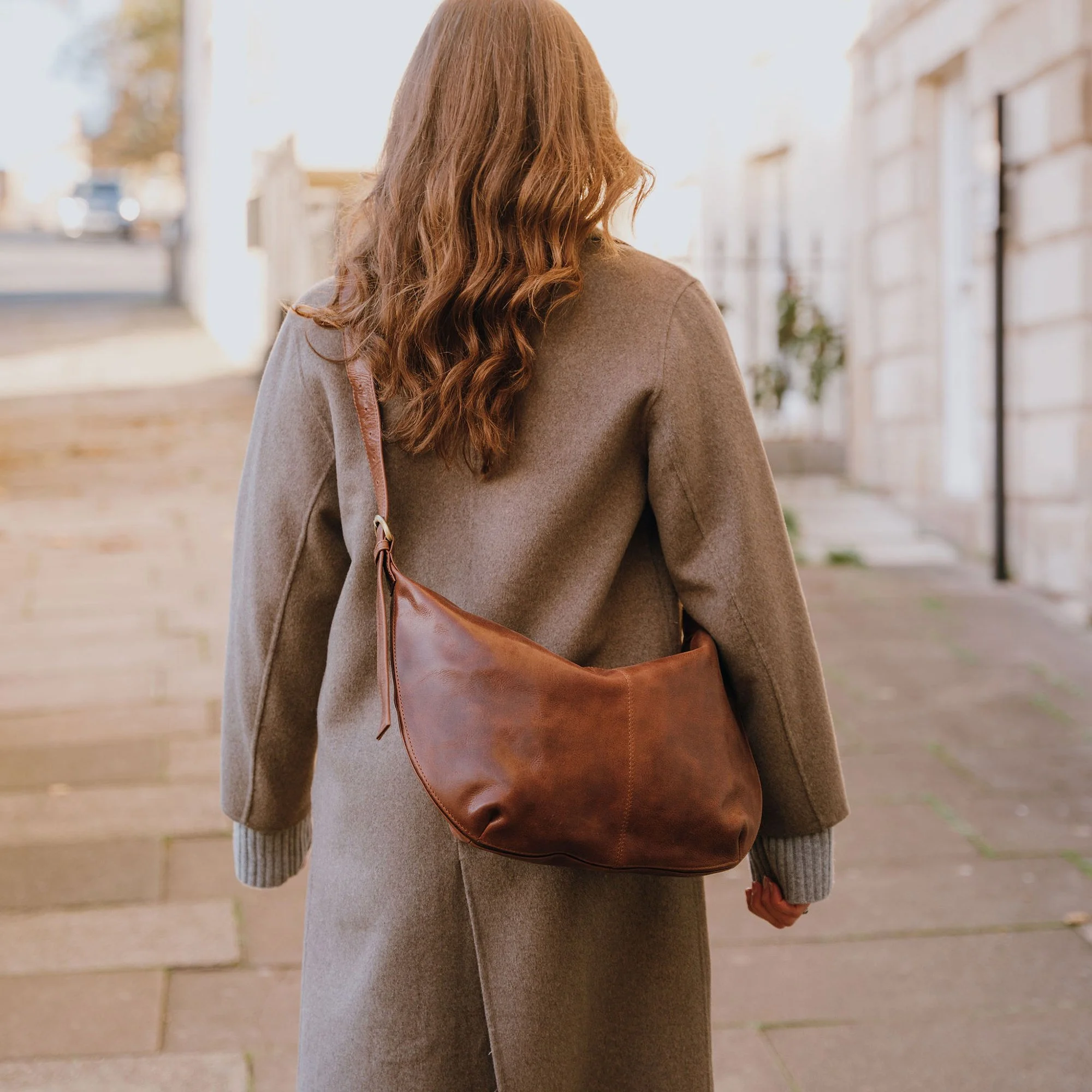 Olive Brown Leather Crescent Crossbody Bag