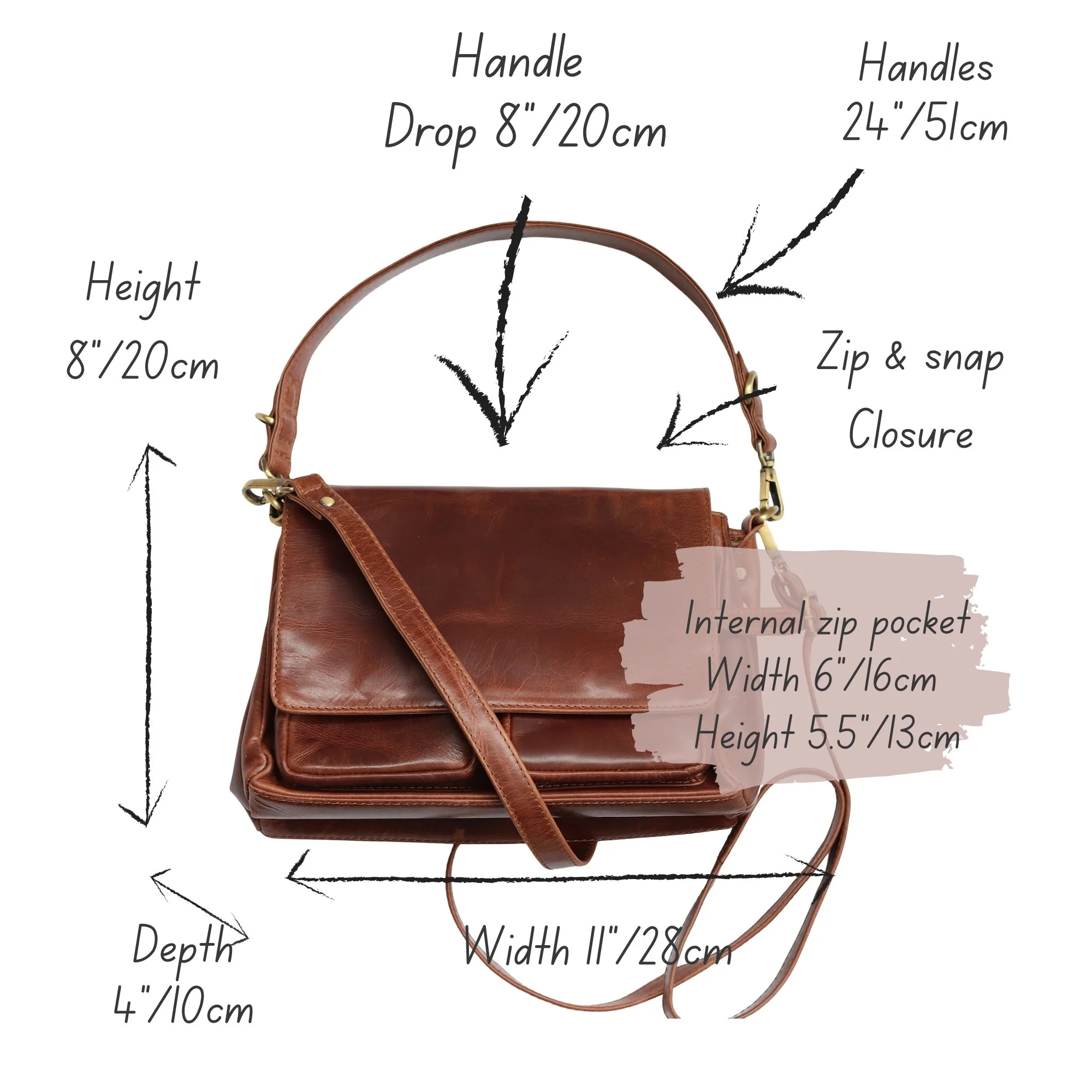 Size guide showing the Steffi brown leather shoulder bag with dimensions, handle length and strap measurements