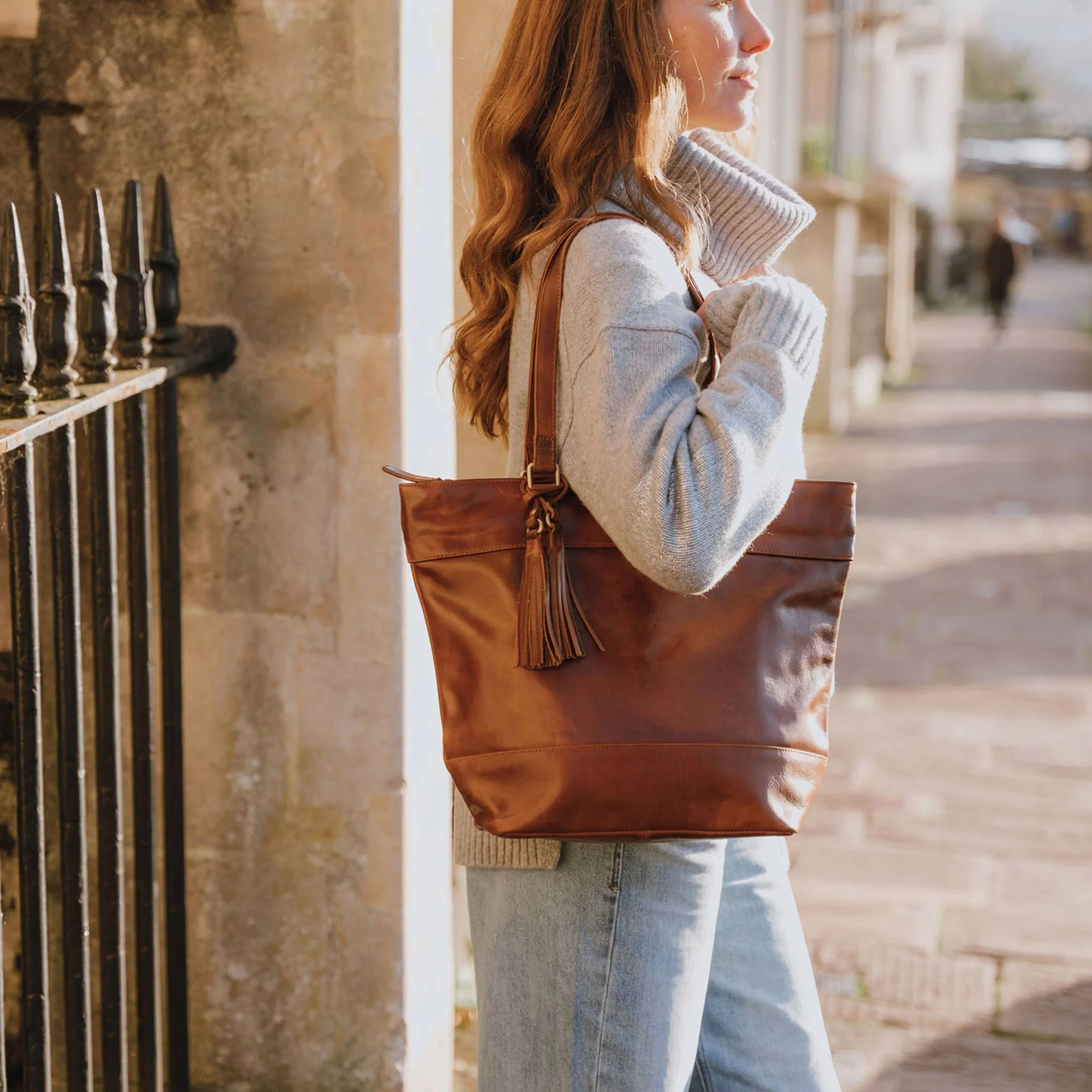 Harlow Leather Shopper Tote with Tassel, Tan