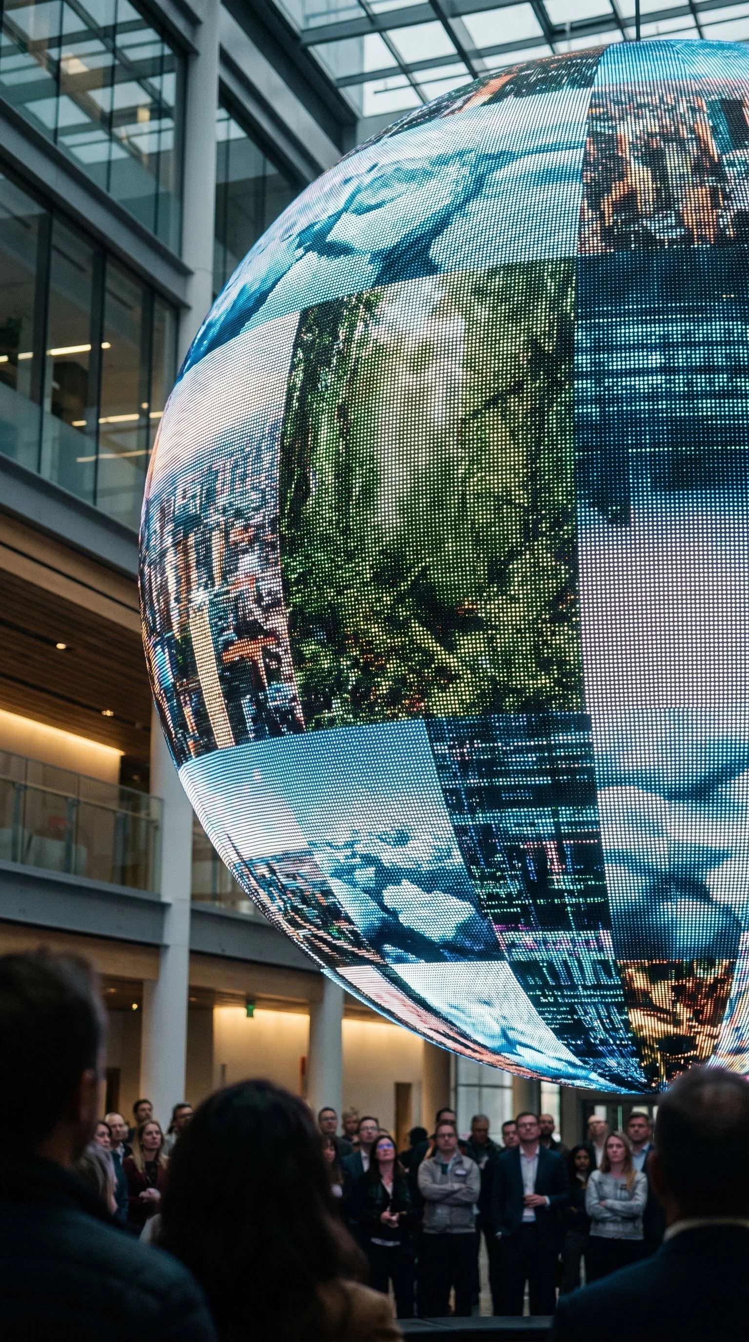 A large digital globe displays images of cityscapes and nature scenes, with people gathered inside a modern building with glass walls, watching the globe.