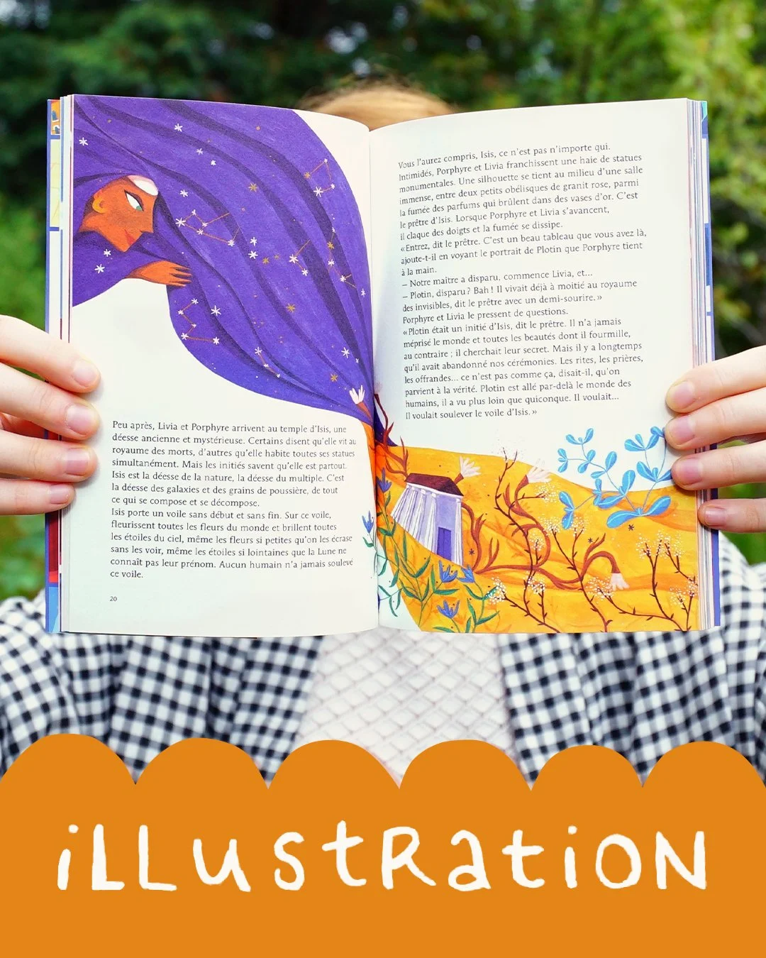 Page illustrée d'un livre avec une illustration d'un visage de femme sur un fond de ciel étoilé. La page montre également une scène avec des fleurs jaunes et bleues et une petite maison. Au bas, l'inscription 'Illustration' en blanc sur fond orange.