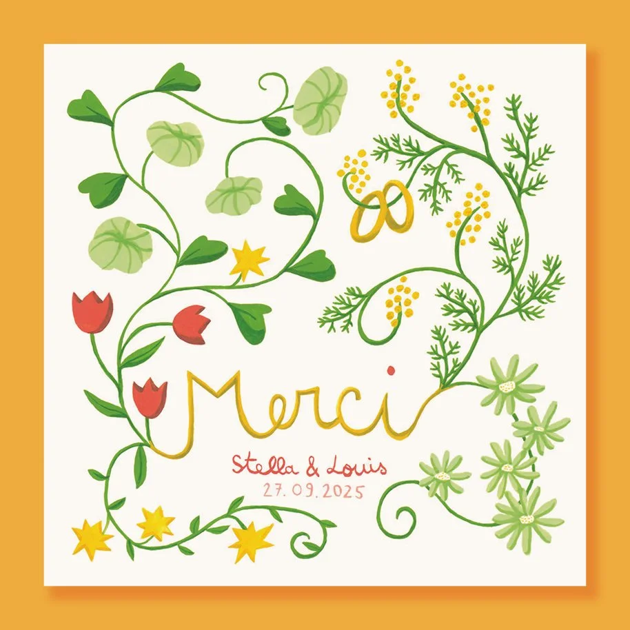 Une carte de remerciement de mariage représentant une illustration florale colorée avec le mot « Merci » écrit en cursive au centre, entouré de différentes plantes, fleurs et feuilles. En dessous, il y a les noms « Stella & Louis » et une date.