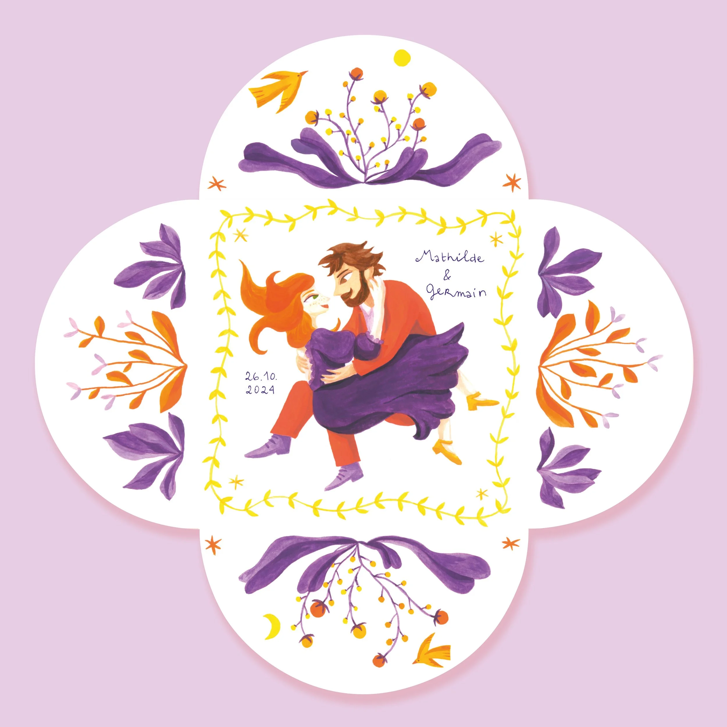 Faire part de mariage avec quatre rabats ronds au pliage original. Il représente un couple au centre, entouré de motifs végétaux, fleurs, oiseaux, étoiles, lune et soleil.