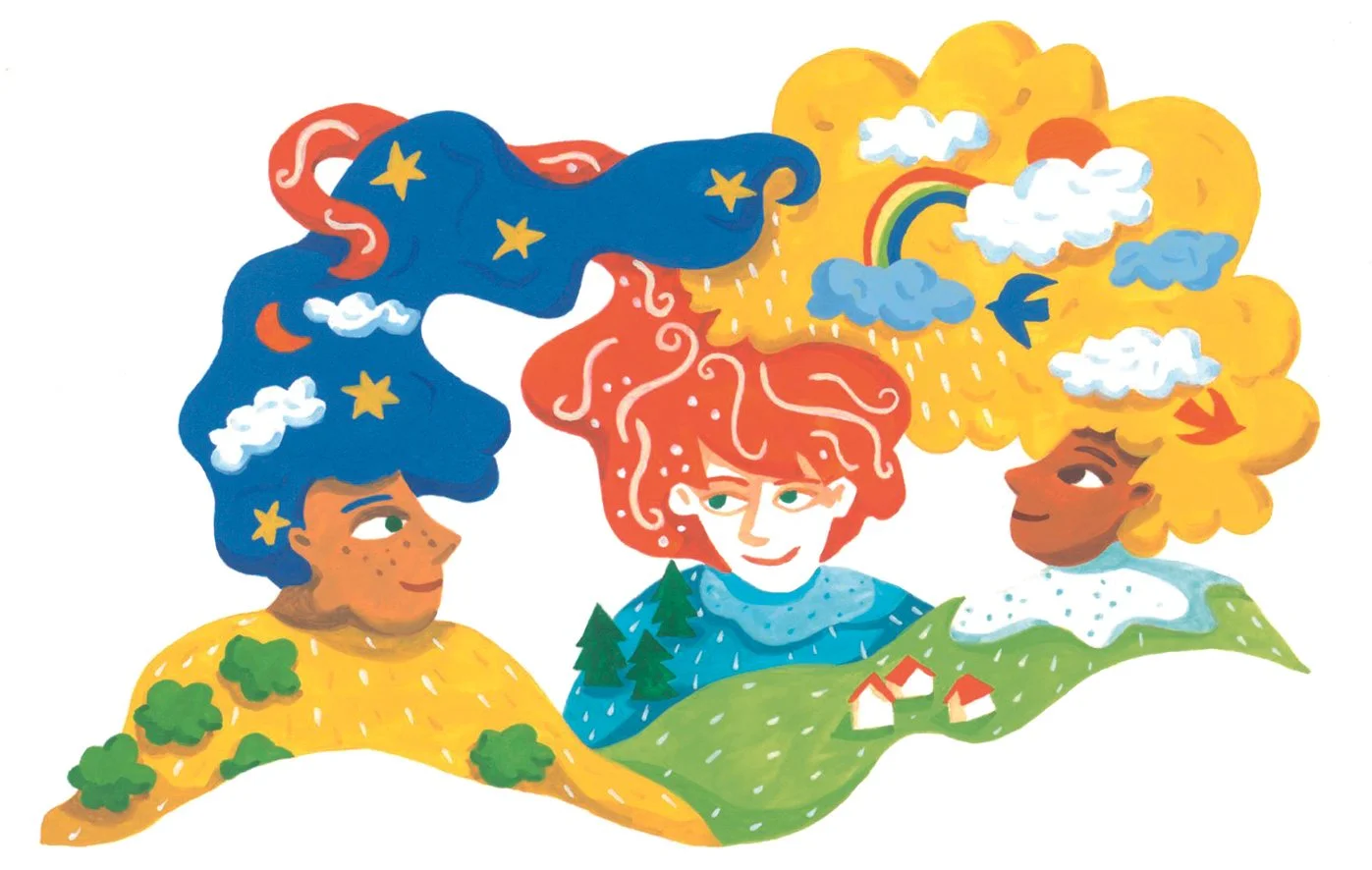 Illustration colorée de trois personnes avec des cheveux représentant un ciel coloré et changeant. Les cheveux contiennent des étoiles, des nuages et un arc-en-ciel, du soleil et du vent. Il y a des montagnes, des arbres et des maisons en dessous.