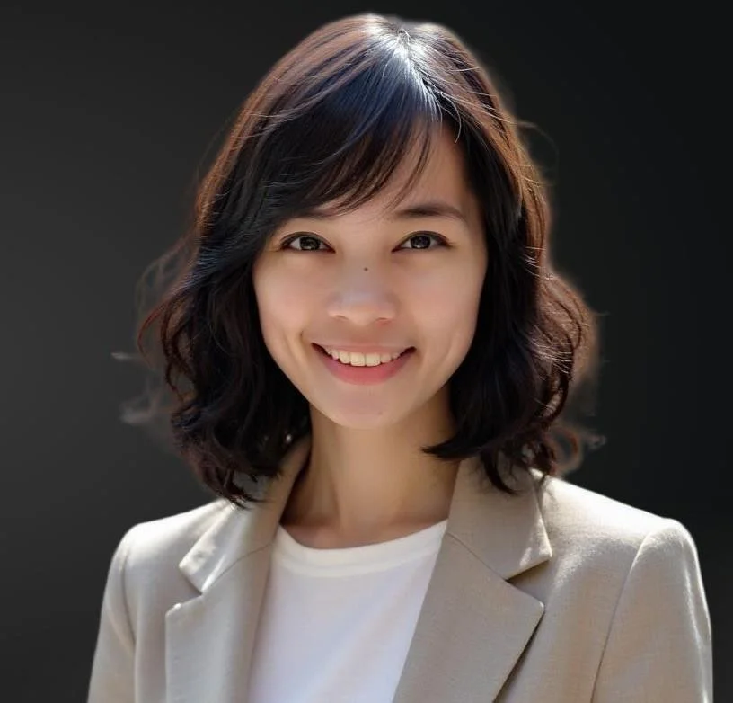 A woman with shoulder-length wavy dark hair smiling, wearing a light-colored blazer over a white top, against a dark background.