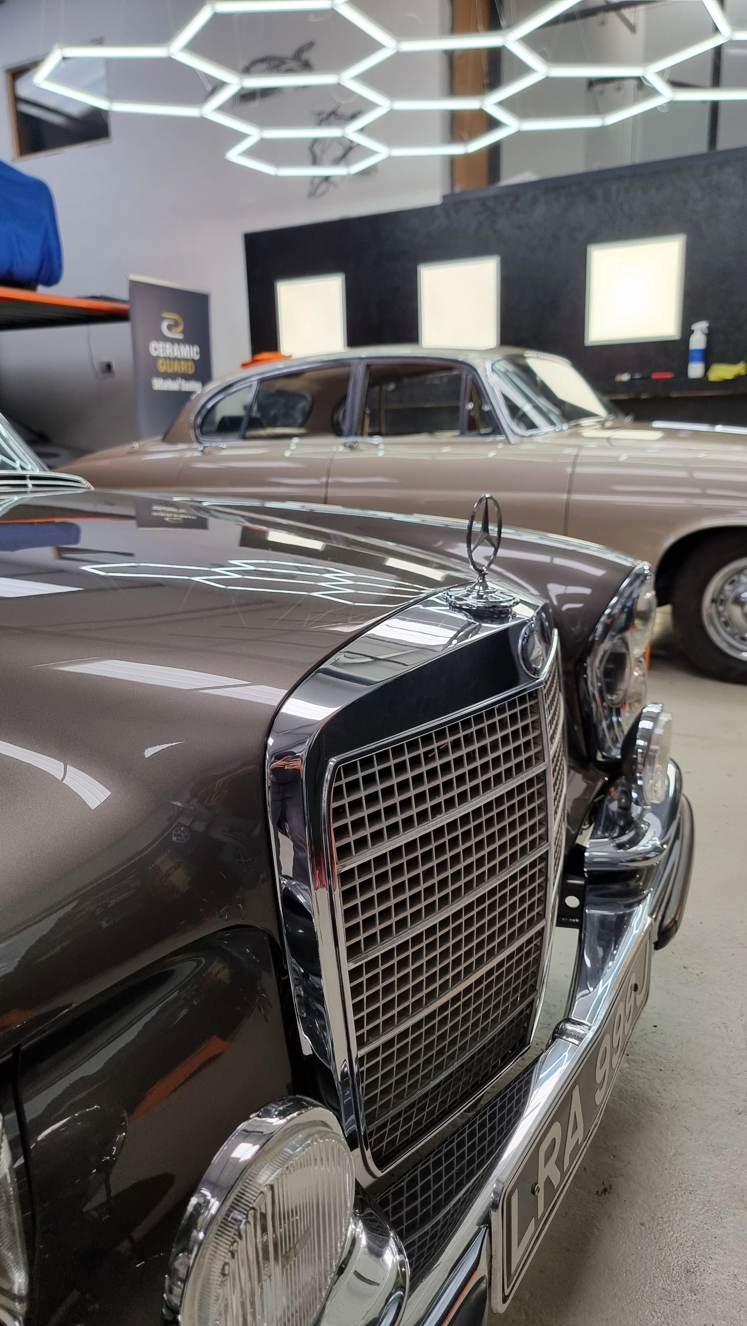 Mercedes 300SEL awaiting the detailing bay once the Jaguar MK10 is finished