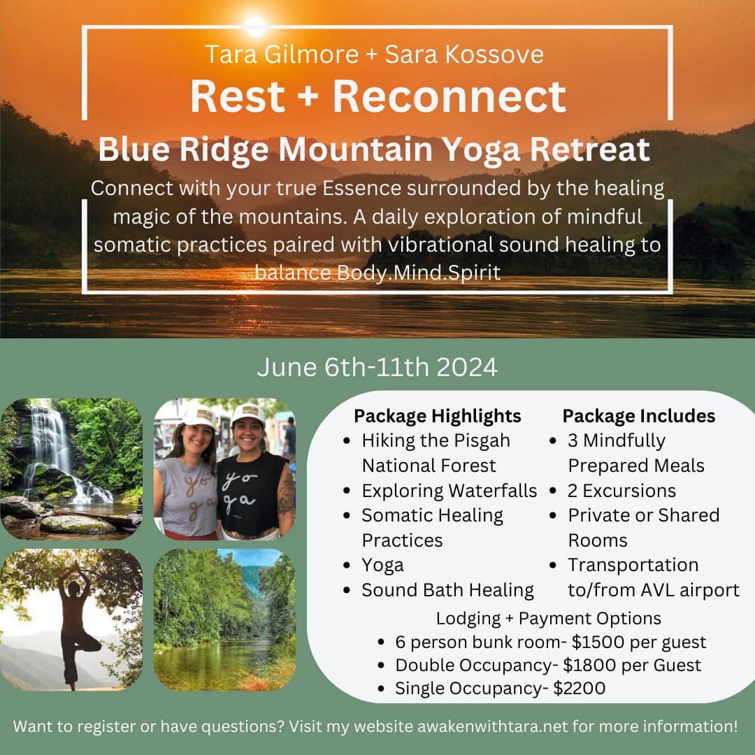 Join us for a magical mountain retreat this summer! 

Sara Kossove Lcsw Sep and I will lead you on an exploration of mindful practices in mother nature's healing presence. Located in Horse Shoe, NC, we have a unique fully-renovated 8200 sqft property
