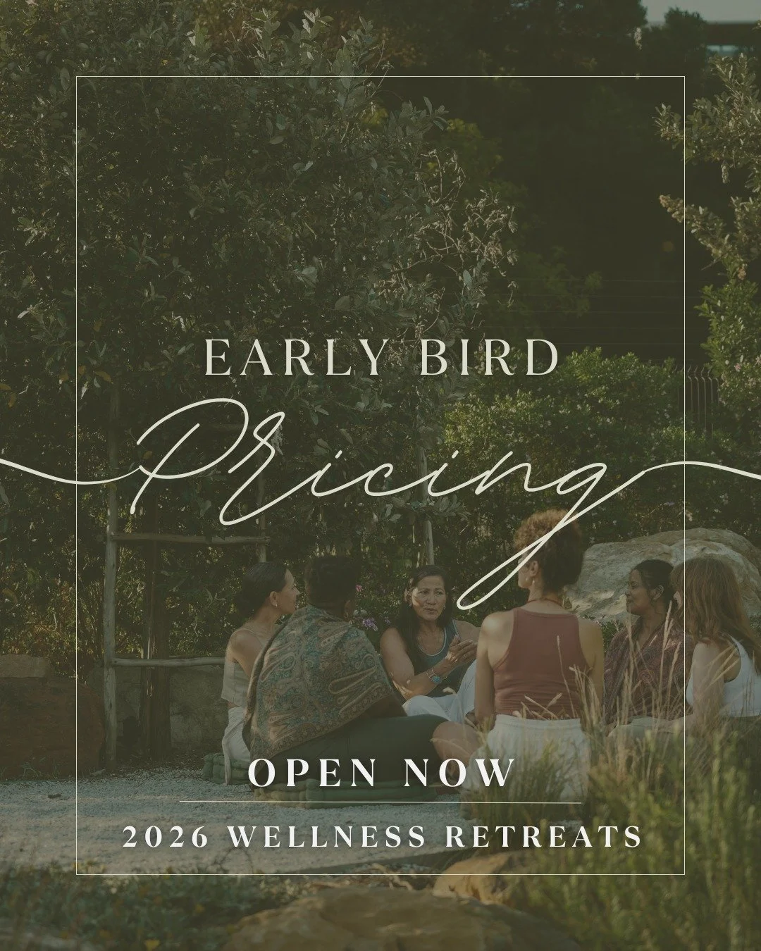✨ EARLY BIRD PRICING IS LIVE ✨

All 2026 Wellness Retreats are now open for early registration &mdash; now through the New Year! 🌿

Save when you claim your spot early! Discounted spaces are limited and these special rates won&rsquo;t last, so tap t