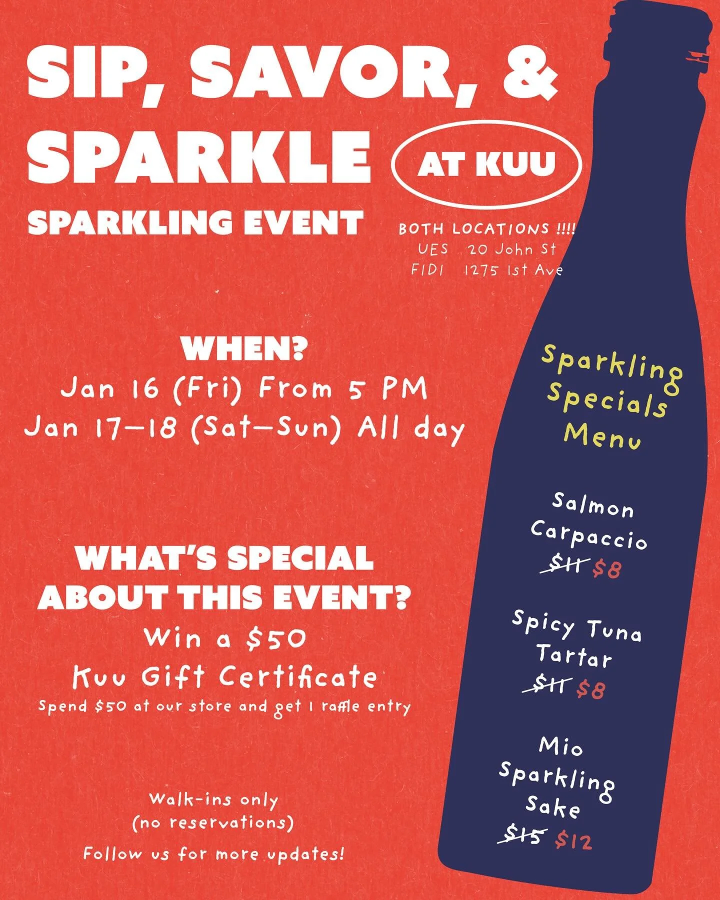 Special Pairing Promotion at Kuu Ramen!🍜 
From January 16-18th, enjoy deals on Mio sparkling sake 🥂🍶and delicious appetizers.

Mio Sparkling Sake (150ml) $12
Spicy Tuna Tartar $8
Seared Salmon Carpaccio $8

🗓️ 1/16-1/18 (Fri from 5pm, Sat-Sun all