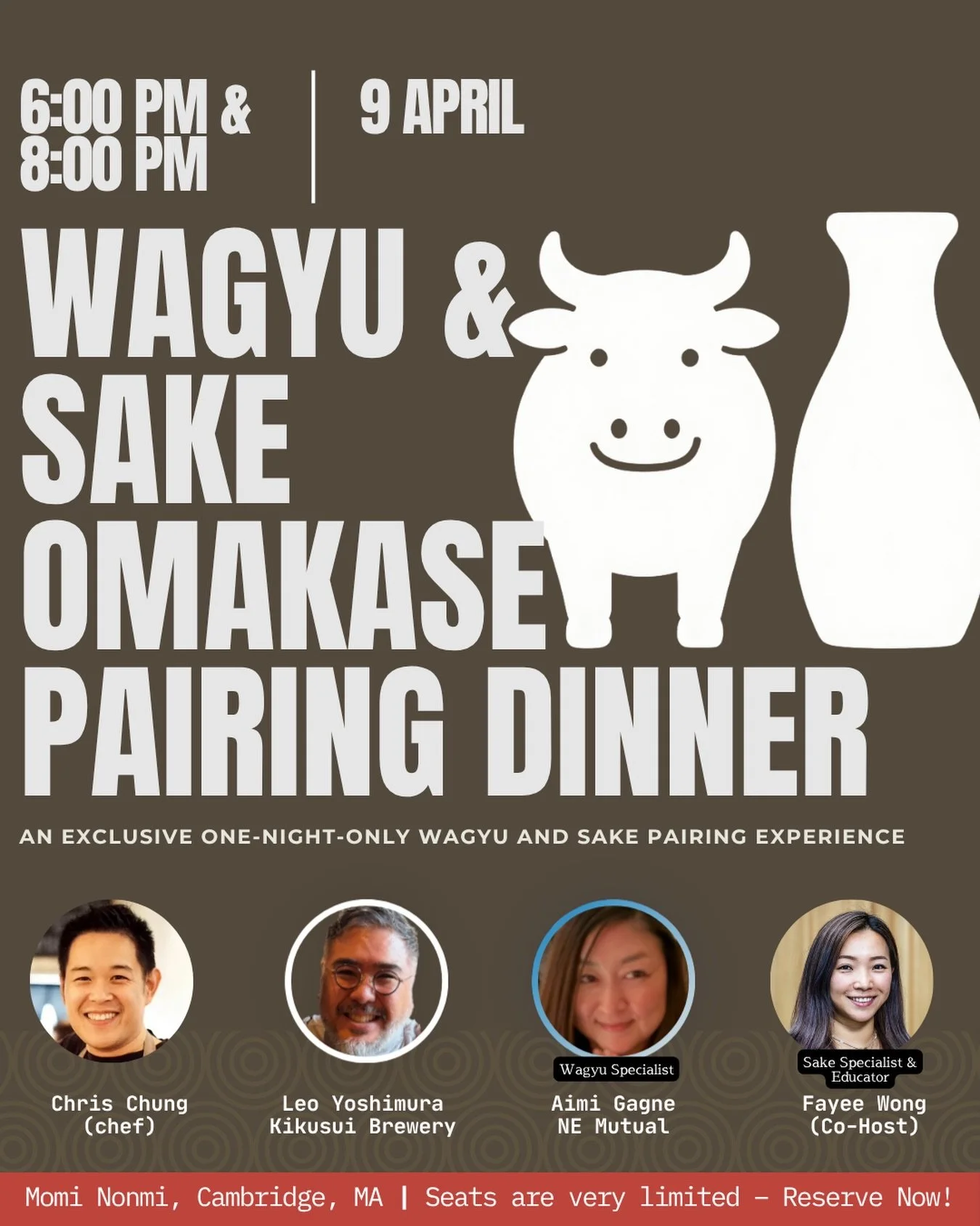 🐮Wagyu Omakase &amp; Kikusui Sake Pop-Up 🍶
Thursday, April 9 | Momi Nonmi

An intimate, one-night-only Wagyu omakase experience by Chef Chris, celebrating the depth and elegance of premium Japanese beef.

Each course is thoughtfully paired with sel