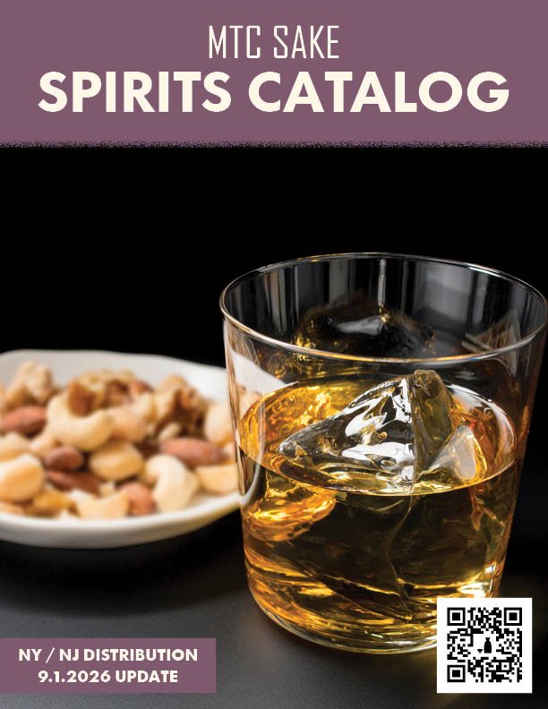 Cover of a spirits catalog featuring a glass of whiskey with ice cubes and a bowl of mixed nuts on a black background. The catalog is titled "MTC Sake Spirits Catalog" with an update date of October 1, 2024, and a QR code in the bottom right corner.