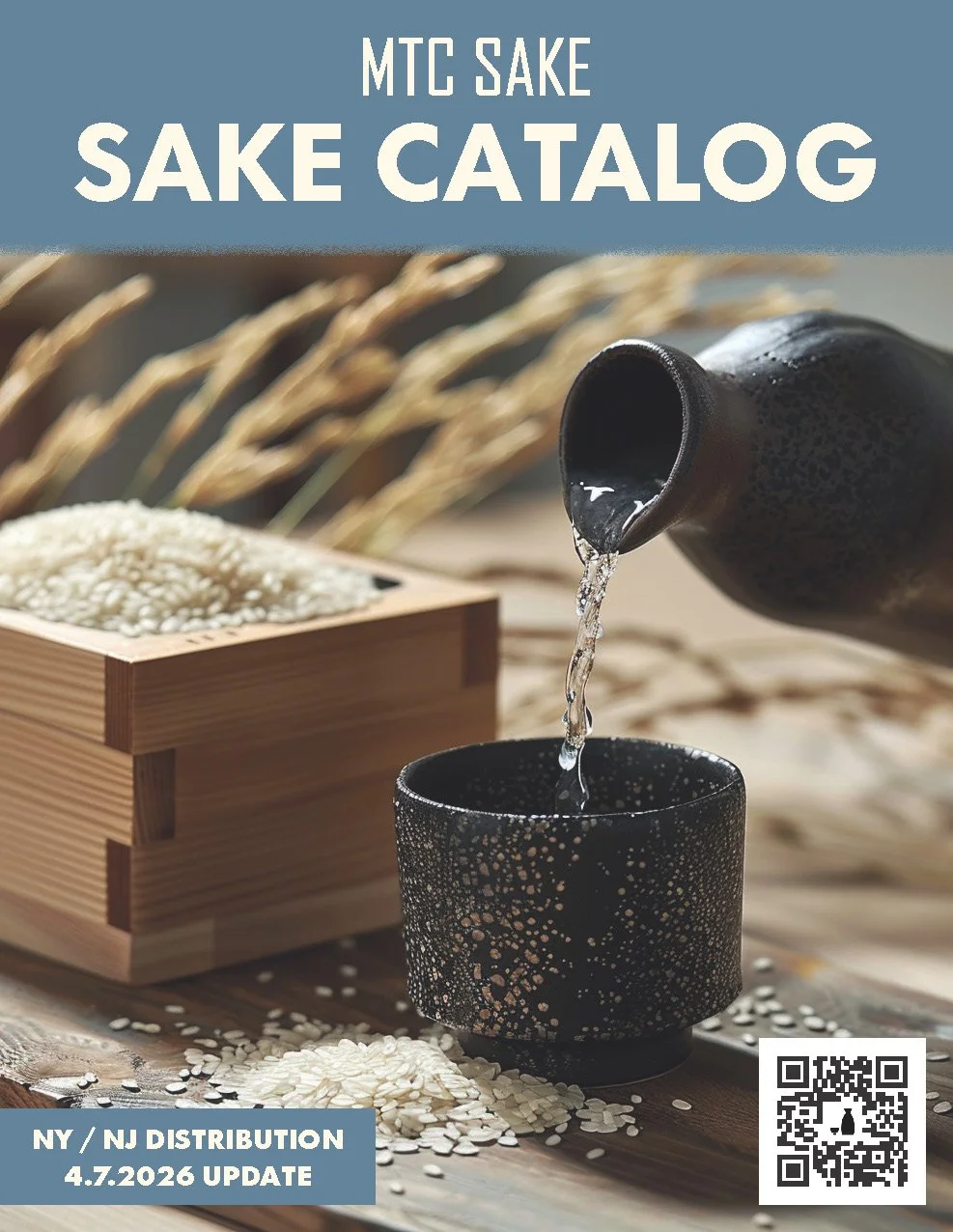 Cover of the MTC Sake Sake Catalog featuring a traditional sake pouring scene with rice and a wooden container, along with text about New York distribution update.