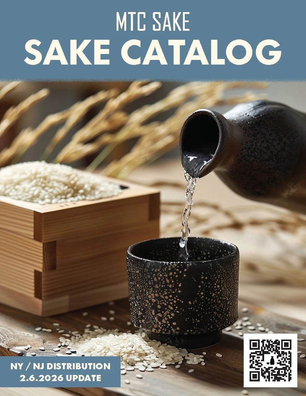 Cover of the MTC Sake Sake Catalog featuring a traditional sake pouring scene with rice and a wooden container, along with text about New York distribution update.