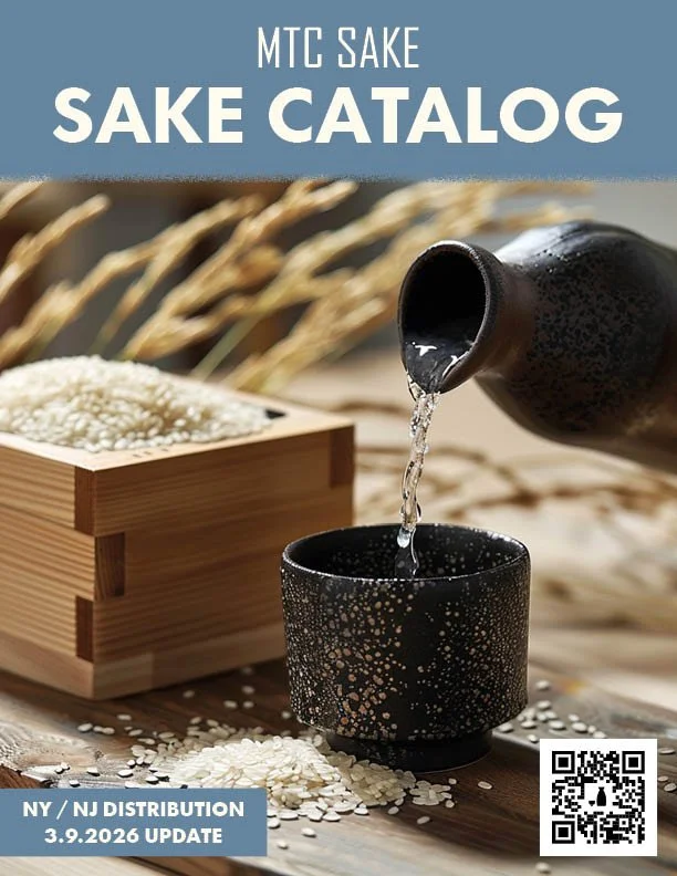 Cover of the MTC Sake Sake Catalog featuring a traditional sake pouring scene with rice and a wooden container, along with text about New York distribution update.