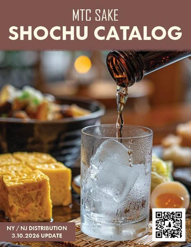 Cover of the MTC Sake Shochu Catalog showing a glass of ice with a bottle pouring sake into it, surrounded by food items including tamagoyaki, ramen, and boiled eggs.