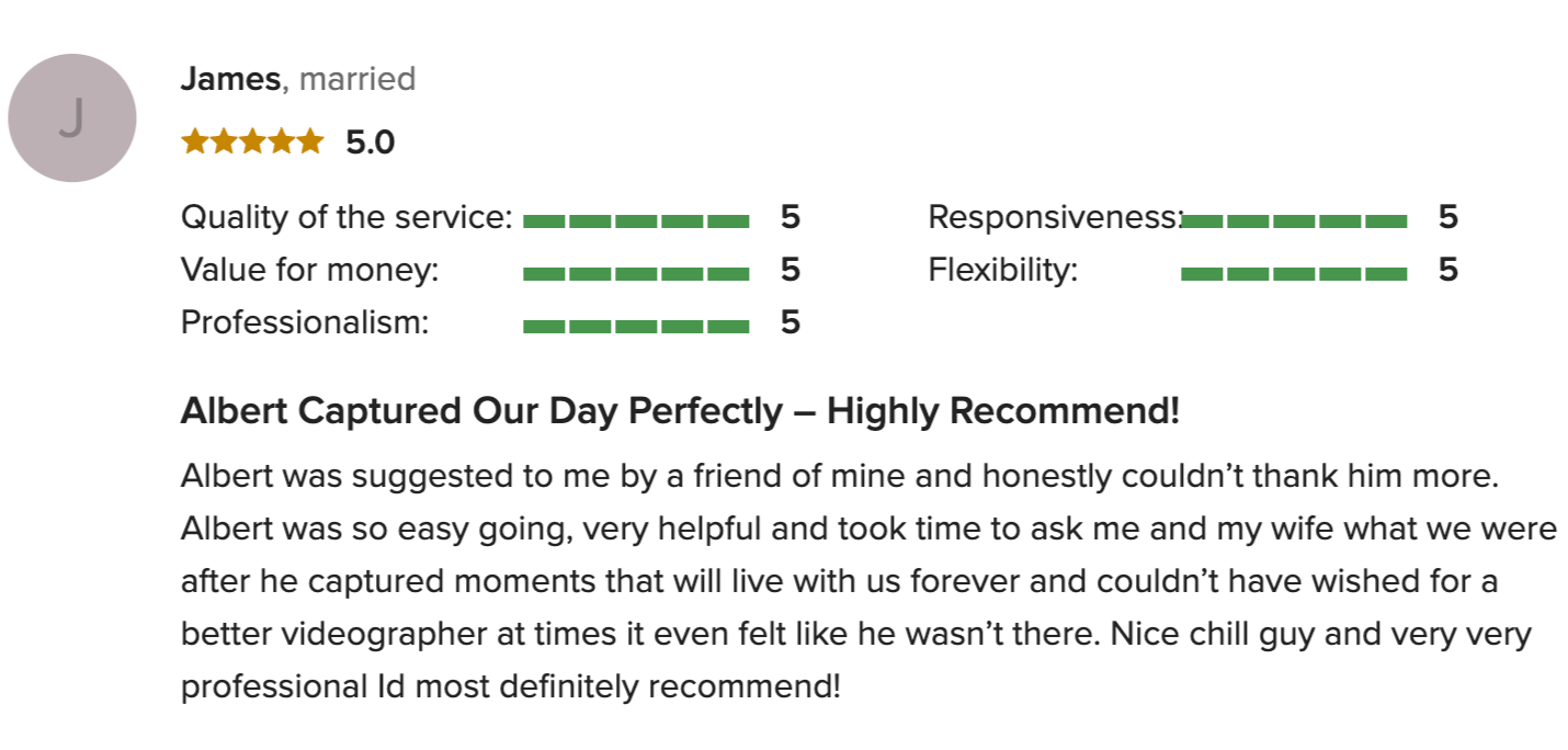 Customer review with five-star rating, praising a videographer named Albert for capturing their wedding day, highlighting professionalism and helpfulness.
