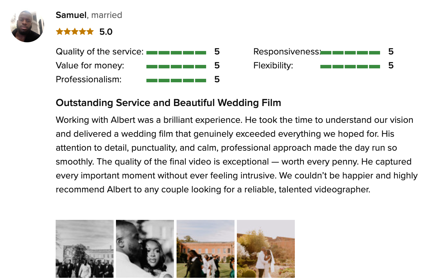 Review of a wedding videographer named Albert, with a five-star rating and high scores in service quality, responsiveness, value, professionalism, and flexibility. The review praises Albert's attention to detail, punctuality, calm demeanor, and the quality of the wedding film. Four small images of wedding moments are shown below the review.