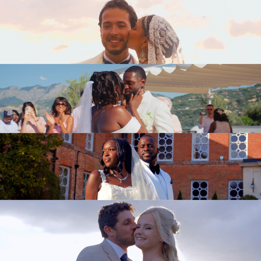 Collage of four wedding photos with diverse couples in various outdoor settings, smiling and embracing.