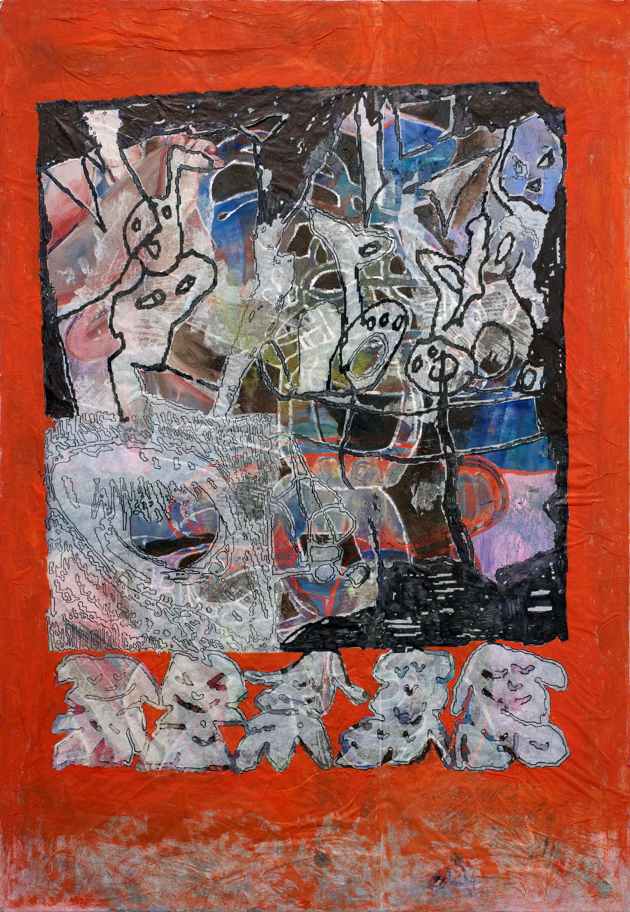 'Time Carver', 2024, oil, pen, tracing paper on canvas
