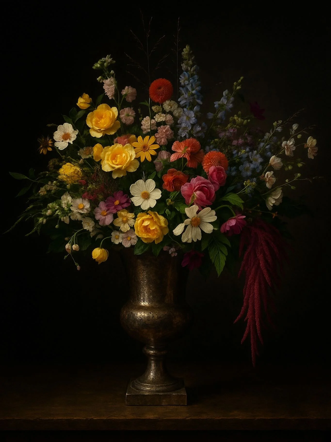 September urn . Roses, cosmos and dahlias