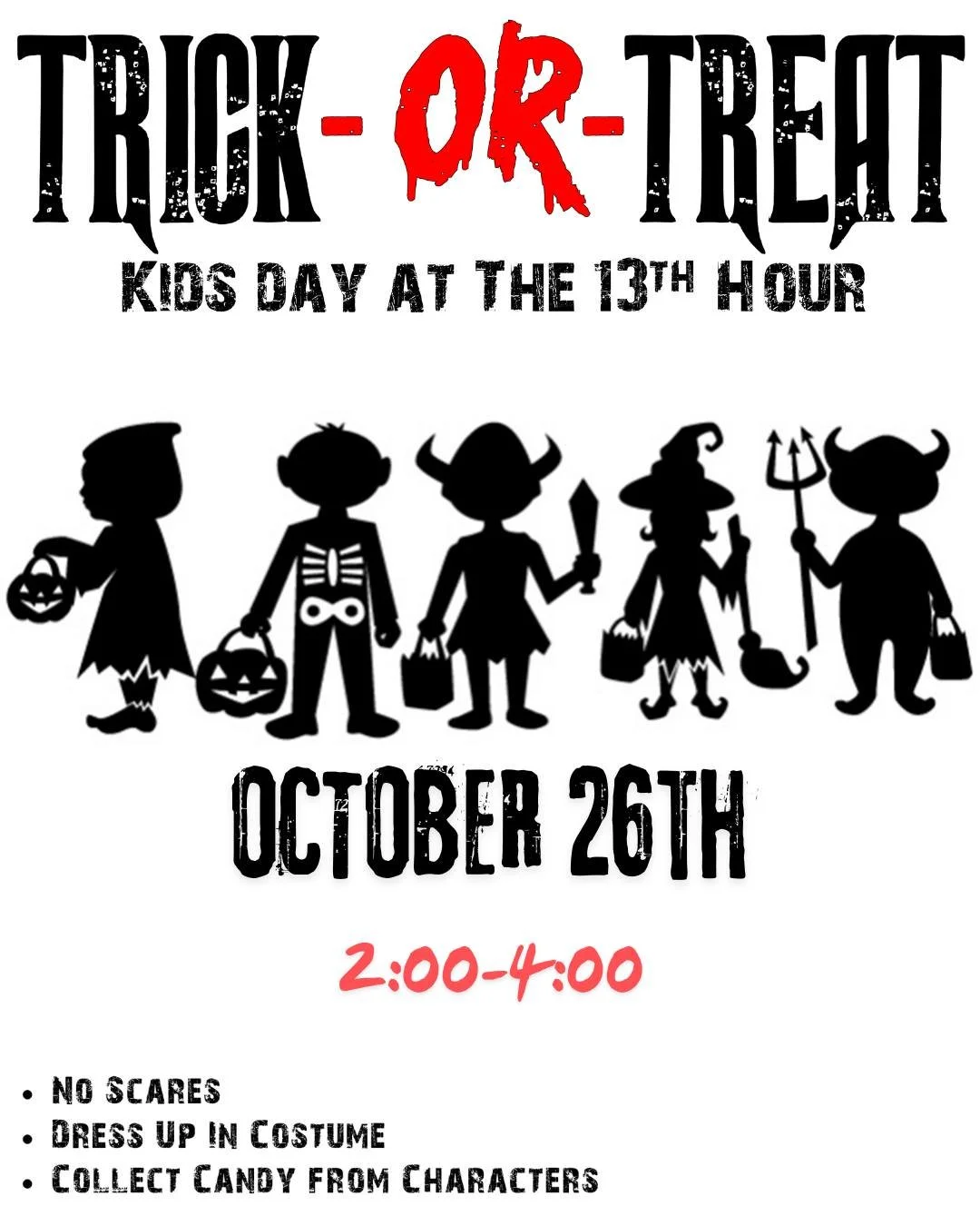 🎃👻 Kids Day is Back! 👻🎃
📅 Sunday, October 26 | ⏰ 2&ndash;4 PM

Bring the kiddos for a lights-on, no-scare walkthrough of The Thirteenth Hour! ✨
🍬 Trick-or-treat through the haunted house
🤝 Meet friendly characters
🔦 See all the sets &amp; det