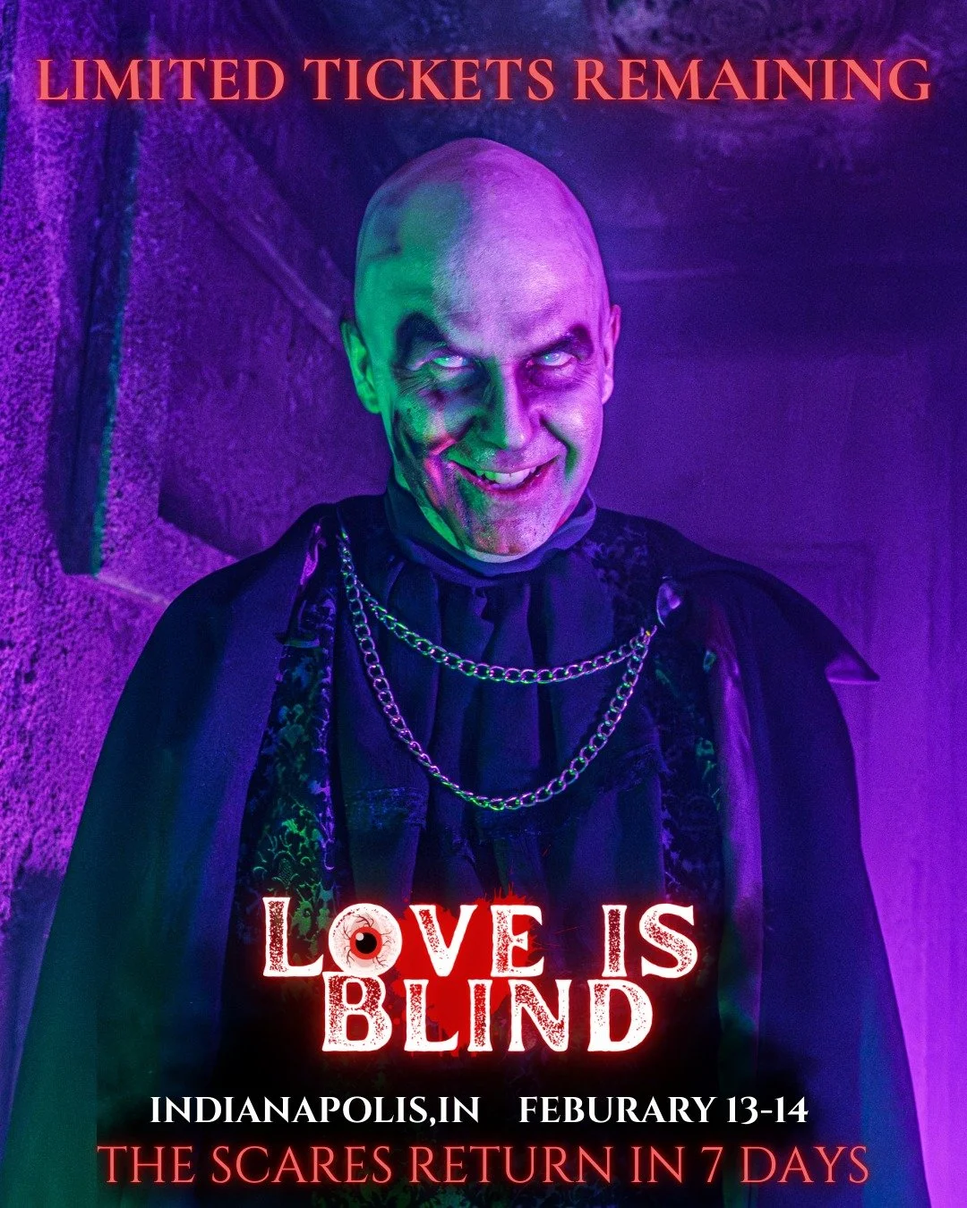 ONE WEEK. Choose your +1 wisely.

Love Is Blind returns February 13&ndash;14 &mdash; a two-night, lights-out Valentine&rsquo;s haunted experience.

Candles fade. Darkness takes over.

🎟️ Tickets are online only
⏳ Limited capacity &mdash; prices incr