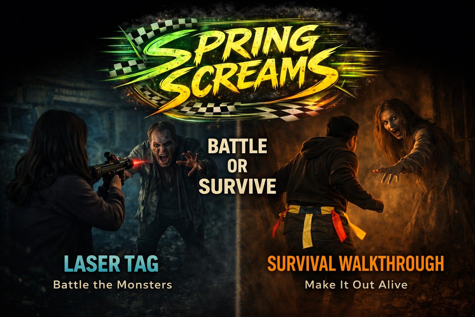 We&rsquo;re excited to introduce Spring Screams &mdash; a brand new event at The Thirteenth Hour.

For the first time ever, guests will be able to choose how they face the monsters.

🔫 Tick Tock Battle &ndash; Fight back using tactical laser tag wea