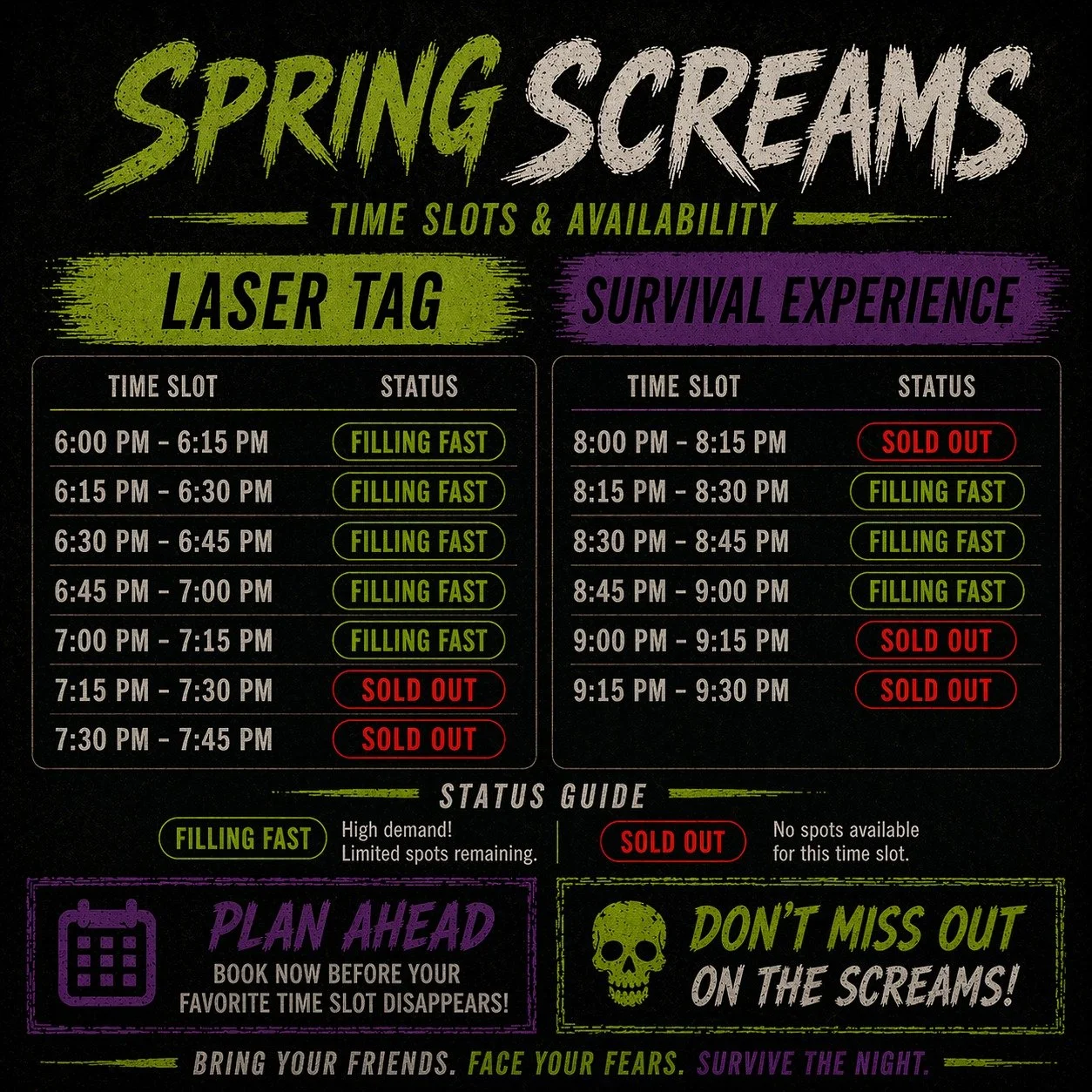 Don't say we didn't warn you! 

Time Slots are selling out and many are nearing capacity. Tickets are only sold online for this event.