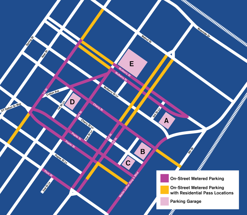 A blue map of downtown Macon and where to park. The streets are white lines, then colored maroon where you can park on the street, a golden yellow for on-street metered parking with residential pass, and a light purple pink where the five garages are