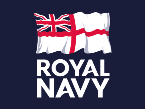 Illustration of the Royal Navy logo with a waving navy blue flag featuring the Union Jack and the words 'Royal Navy' in white, with a red underline beneath.