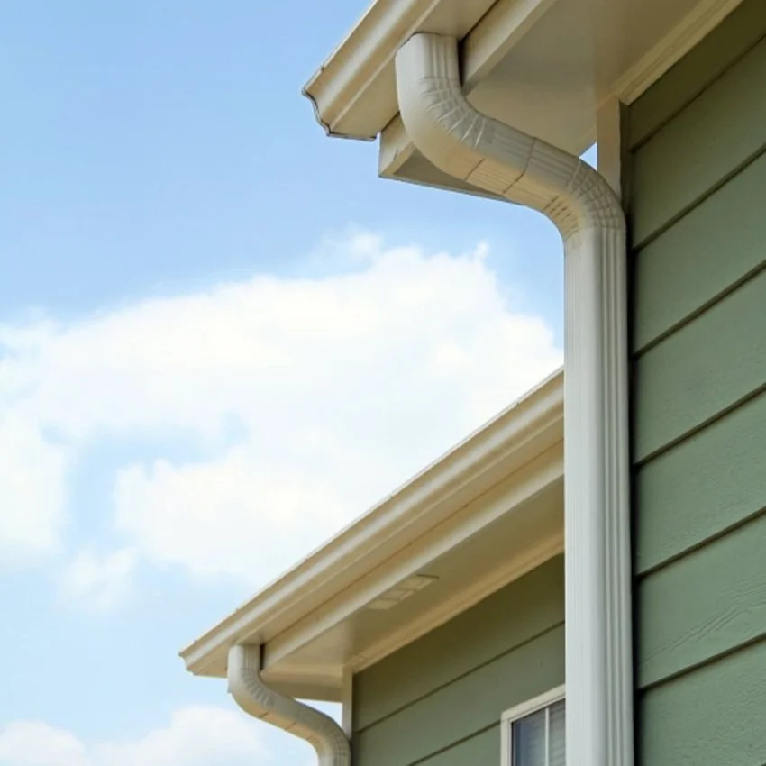 Close-up of the corner of a house showing light green siding, white gutters, and a blue sky with clouds.