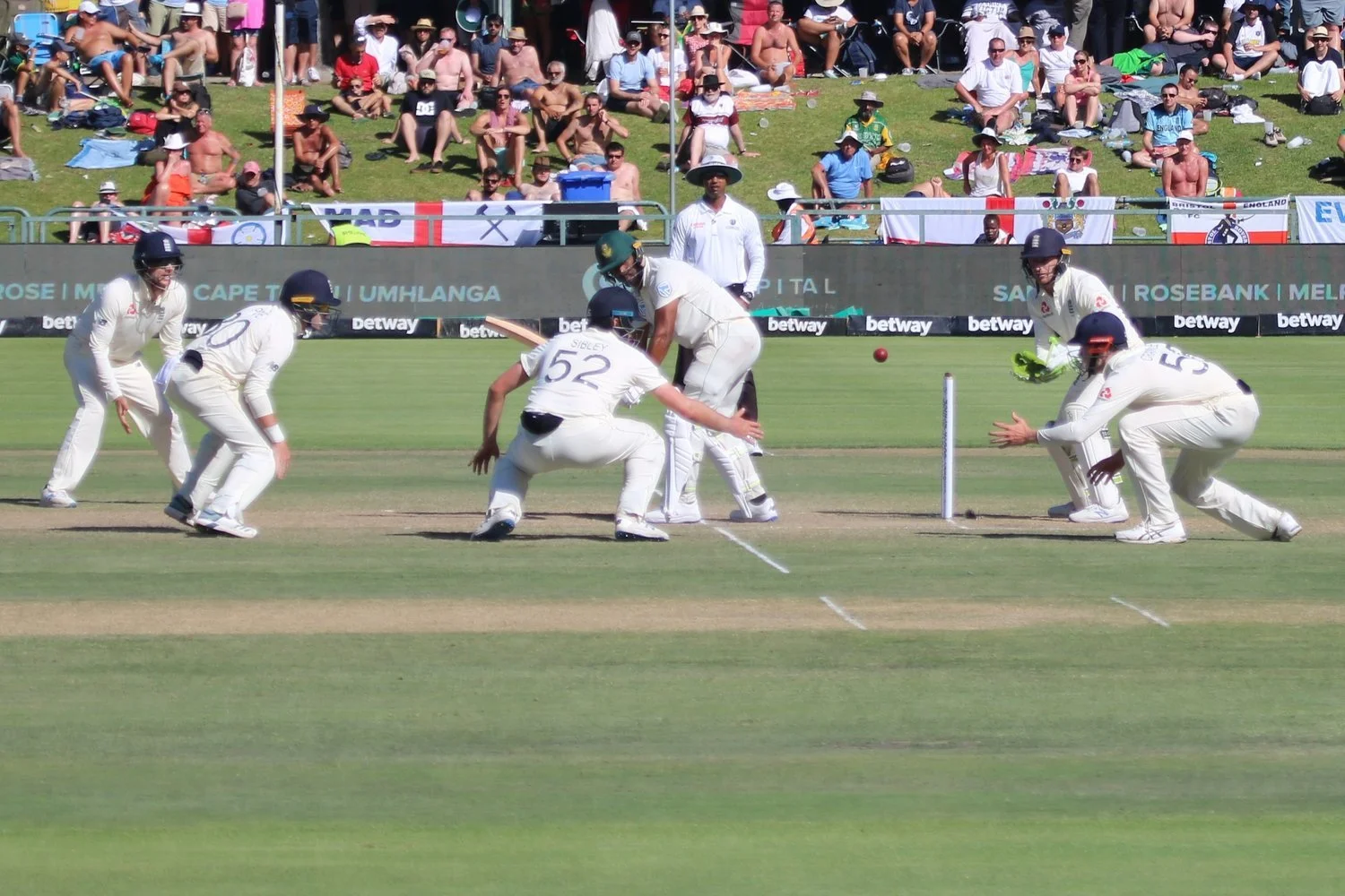 Cricket players in white uniforms fielding during a match on a green cricket field with spectators watching from the stands.