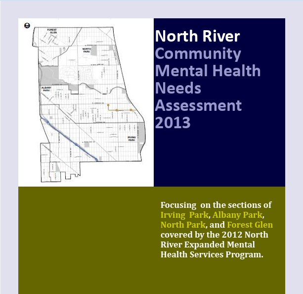Cover page of the 2013 North River Community Mental Health Needs Assessment, displaying a map of Chicago's North River area.
