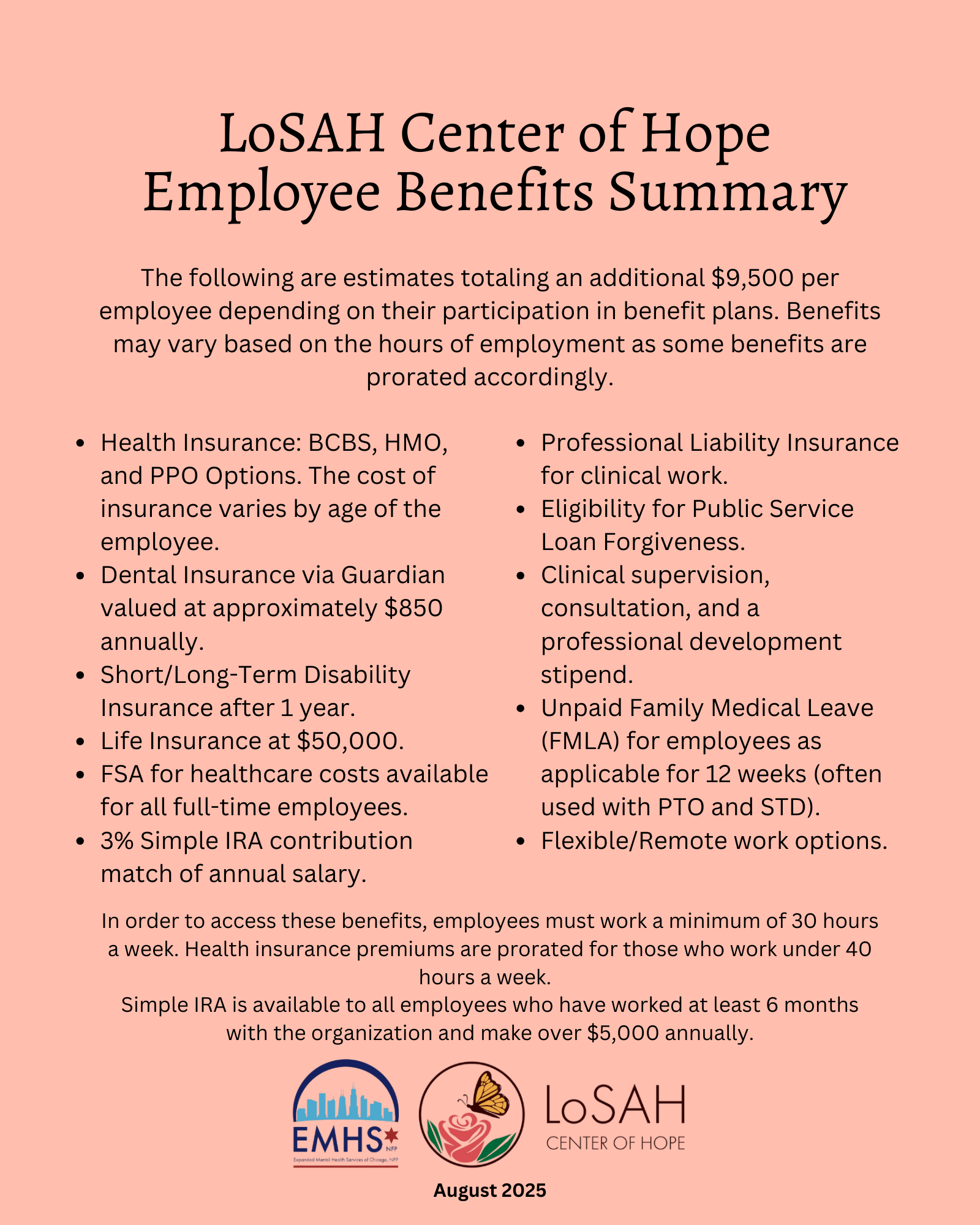 Employee benefits summary document from LoSAH Center of Hope with details on health, dental, disability, life insurance, and work options, dated August 2025.