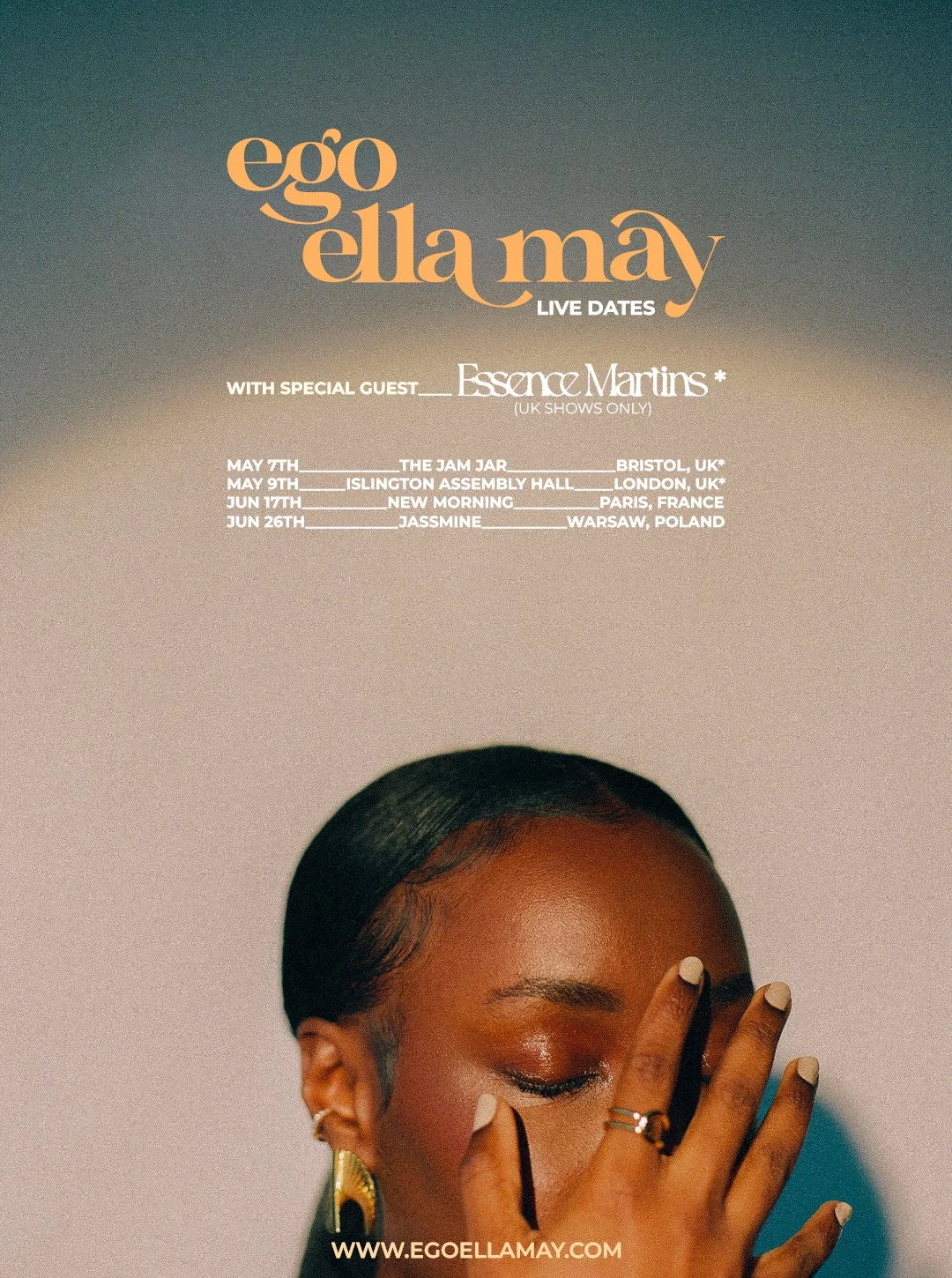 Promotional poster for Ego Ella May live music dates featuring a close-up of a woman with dark skin and a short hairstyle, covering part of her face with her hand, with event details and website URL at the top and bottom.