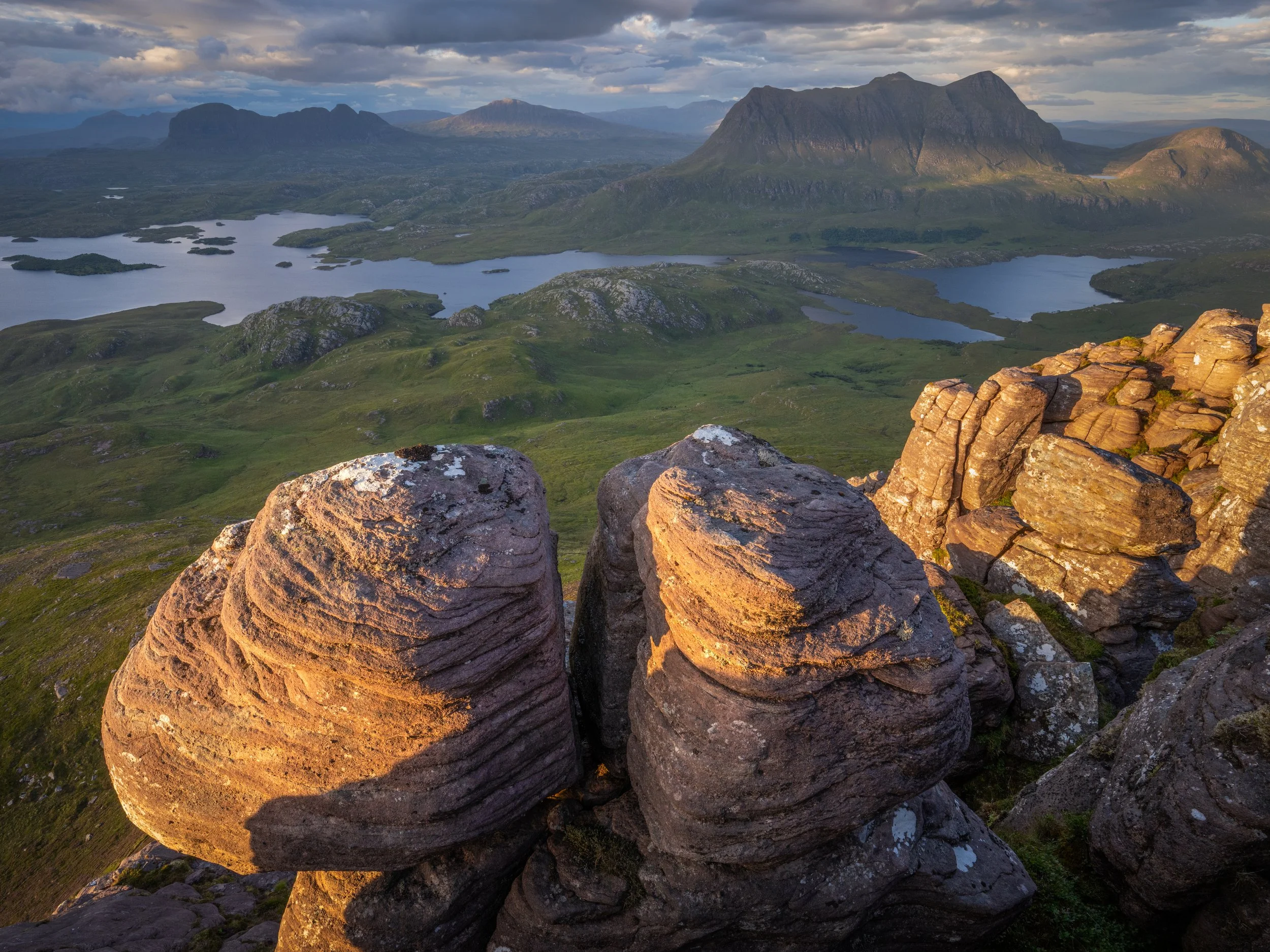 Suilven and Cul Mòr at sunset in Assynt, northwest Highlands of Scotland, taken from Stac Pollaidh.