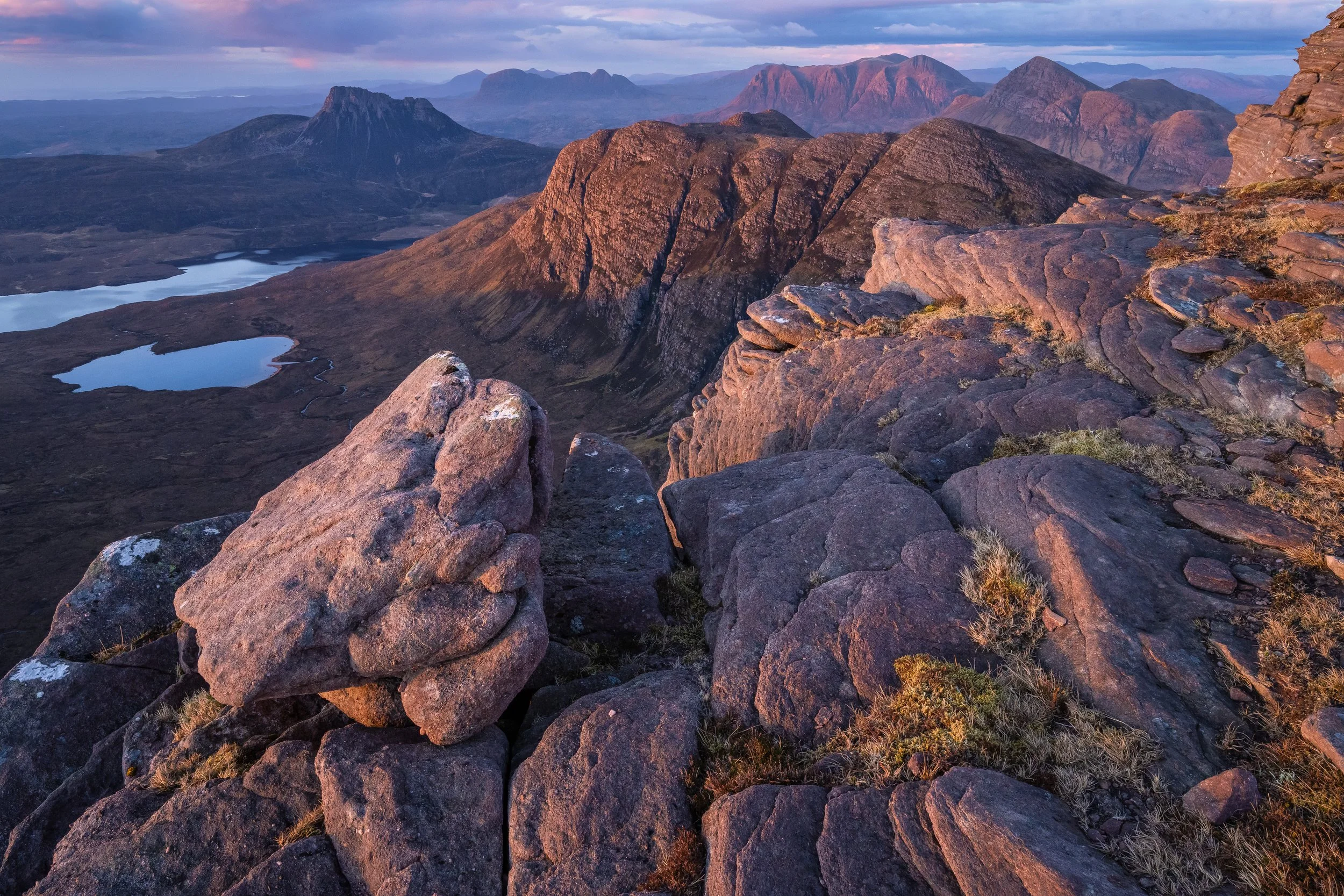 Sunset photograph from Sgurr an Fhidhleir in Assynt, Scottish Highlands.