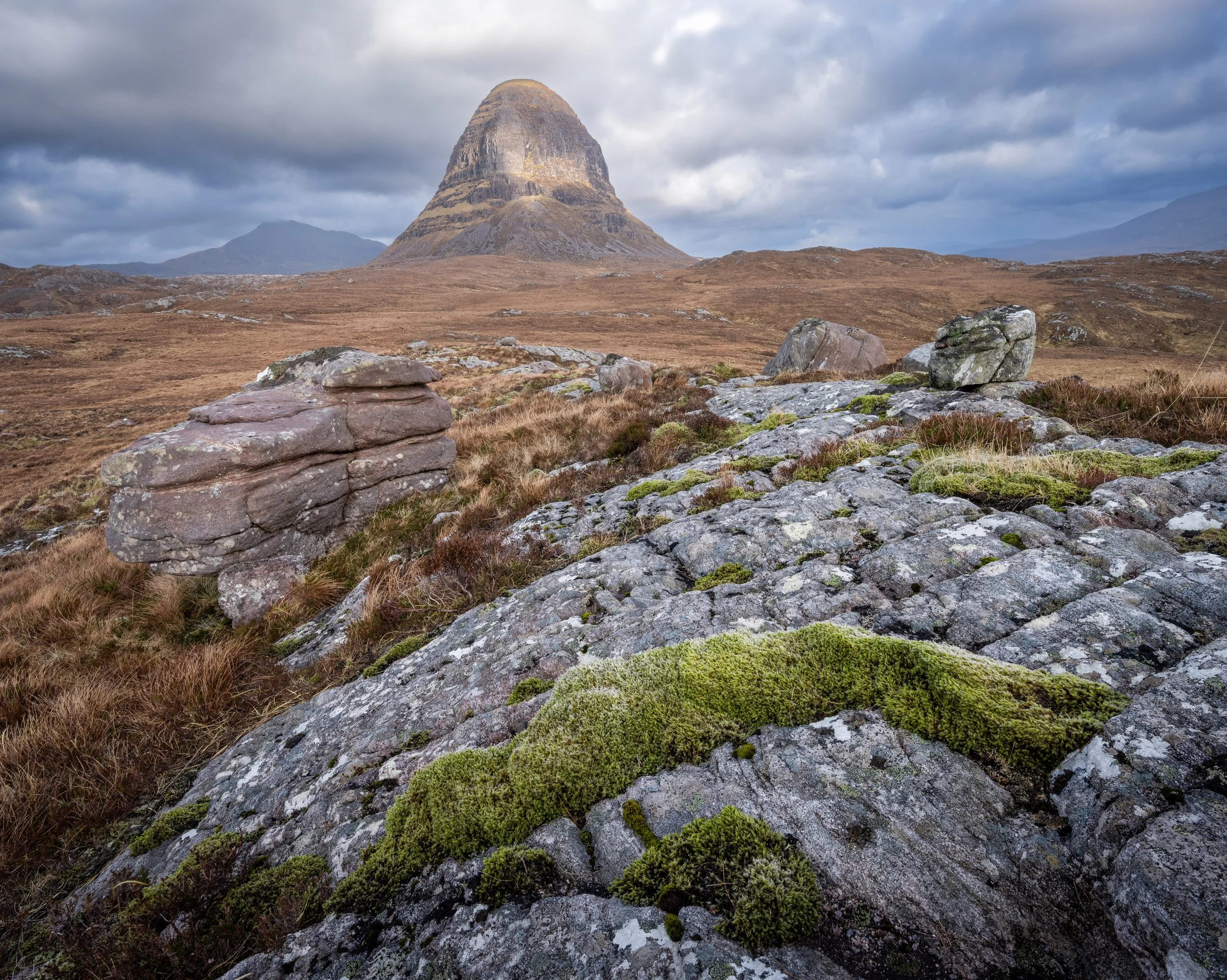 A landscape photograph of Suilven in Assynt, in the Northwest Highlands of Scotland.