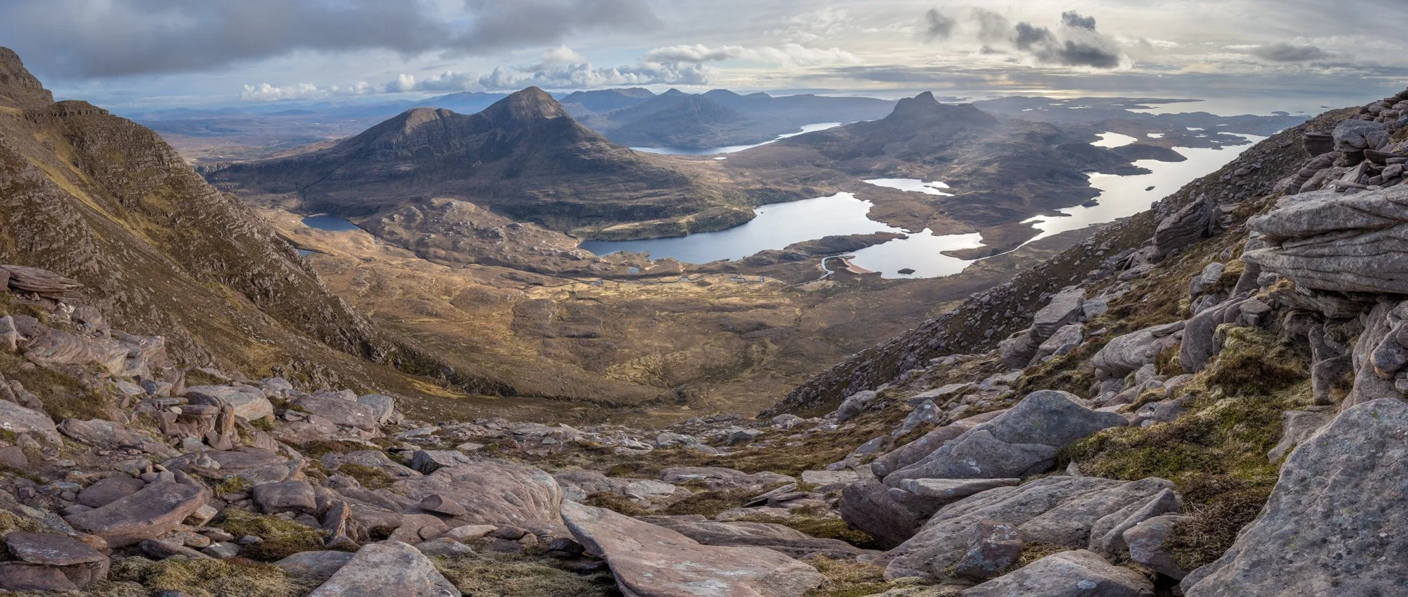 Panoramic image from Cul Mòr looking towards Cul Beag and Stac Pollaidh in Assynt and Coigach, Scottish Highlands.