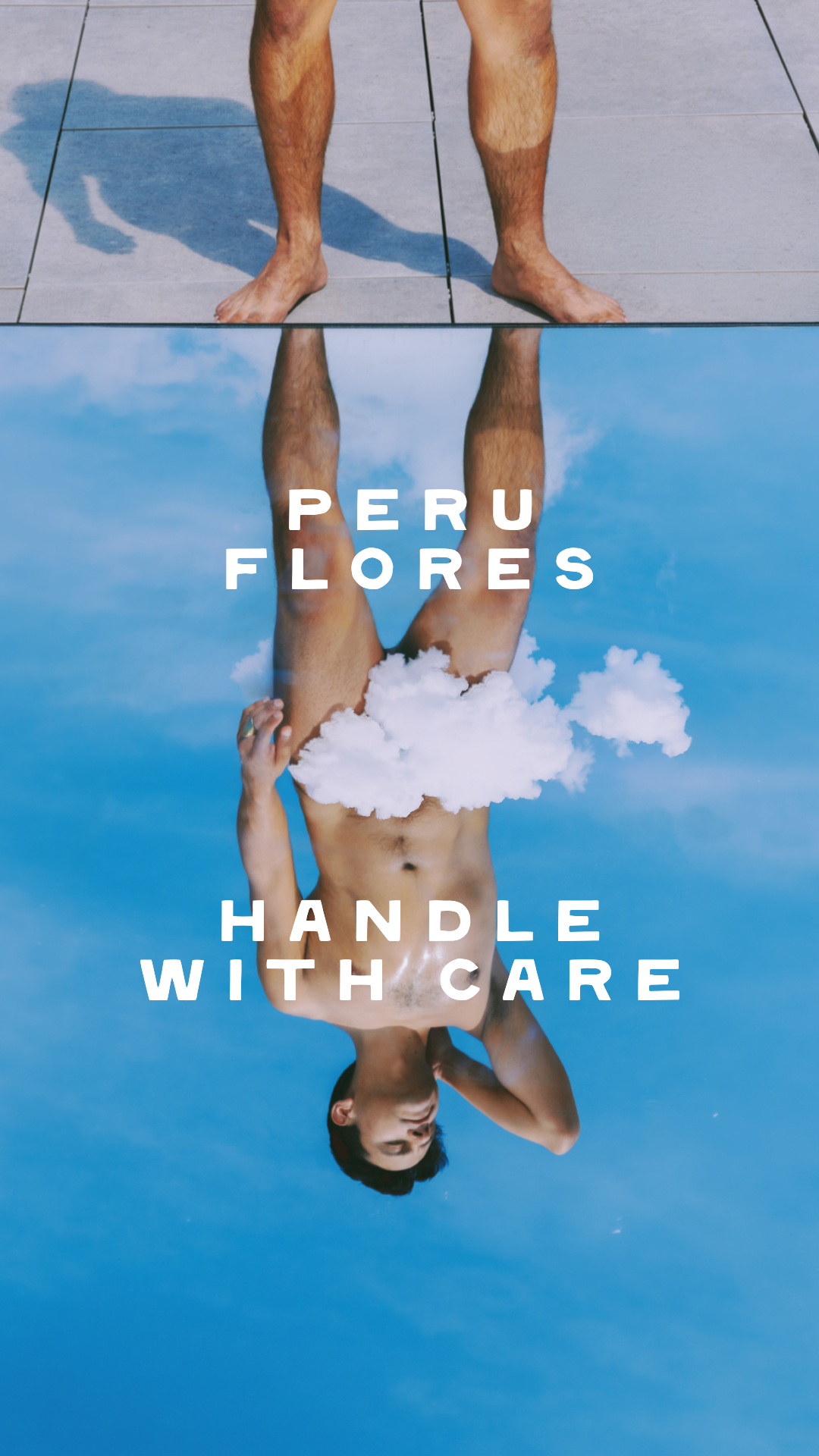 A person standing on a tiled floor, with their reflection visible in a mirror that shows a blue sky with clouds. The image has text that reads 'Peru Flores Handle with Care'.