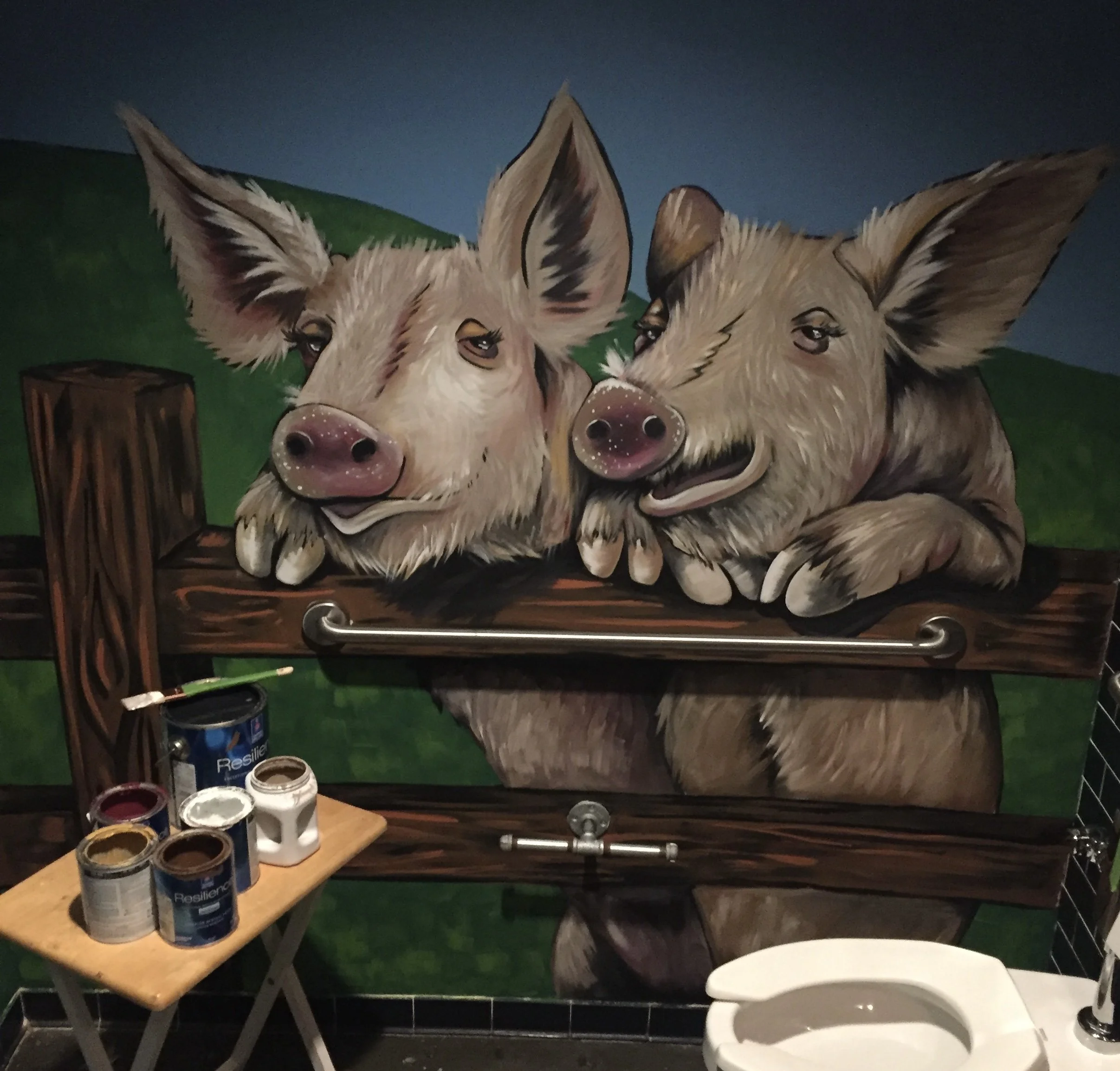 Mural in restroom for The Pig and The Pearl, a restaurant in Atlanta, Georiga.