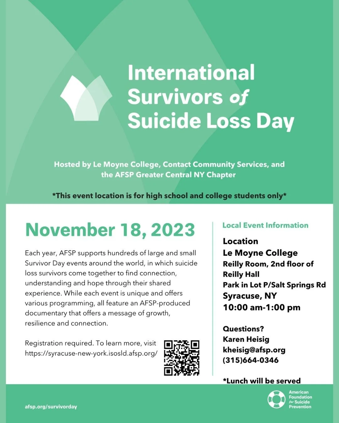 Join the International Survivors of Suicide Loss Day at either of these two locations. Be sure to pre-register for either the high school/college event or the adult event in Clay, both on November 18th!