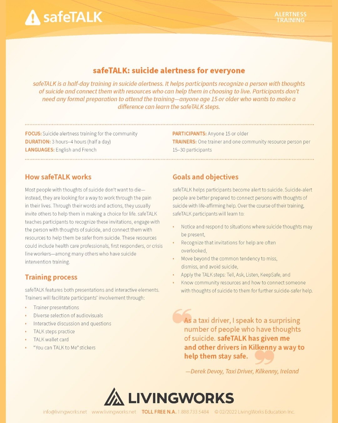 Check out this safeTALK training all about suicide alertness. Take this half-day training to learn how to notice situations where suicidal thoughts may be present and respond effectively and helpfully.