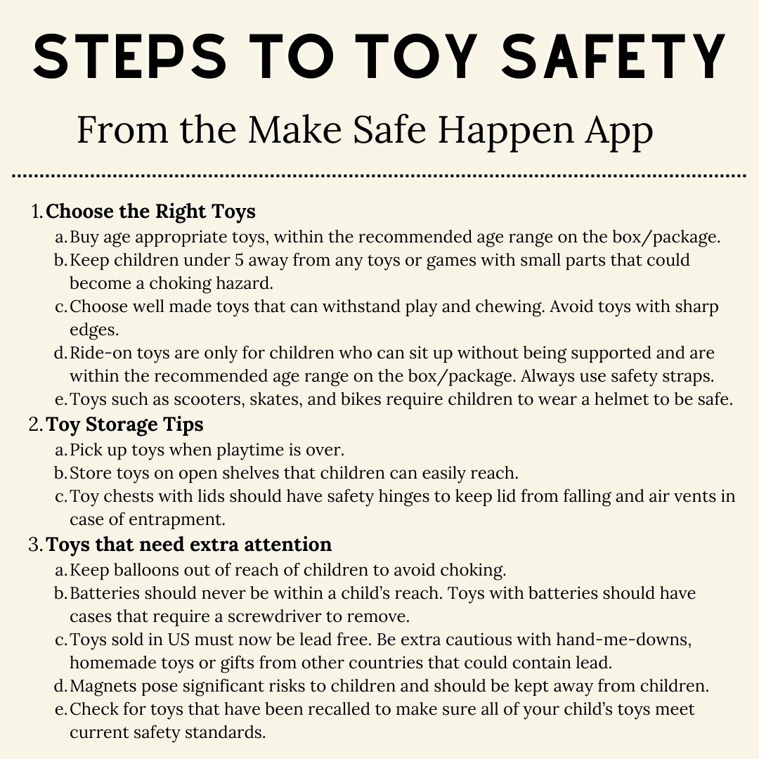 Check out these steps to toy safety from the Make Safe Happen App, and be sure to check out their website for additional resources on child safety this holiday season!