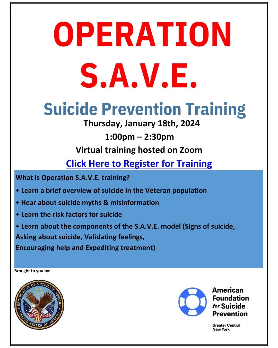 Join the Operation S.A.V.E. suicide prevention training on Thursday, January 18th! 

To join visit this website: https://gcnysave118.attendease.com/