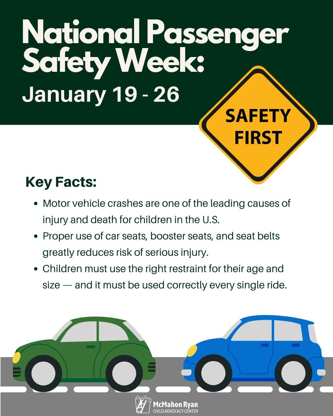 🚗 National Passenger Safety Week (Jan 19&ndash;26)

Small safety choices make a big difference. Motor vehicle crashes remain a leading cause of injury for kids, but the right car seat, booster, or seat belt &mdash; used correctly every time &mdash; 