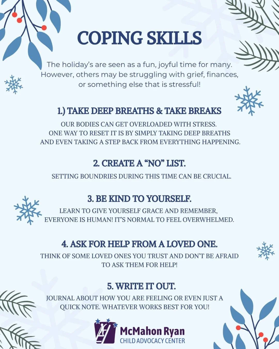 ✨ The holidays can be joyful, but they can also bring stress, grief, or financial worries. If you&rsquo;re feeling overwhelmed, here are five simple coping strategies to help you reset and take care of yourself: ✅ Take deep breaths &amp; breaks ✅ Cre
