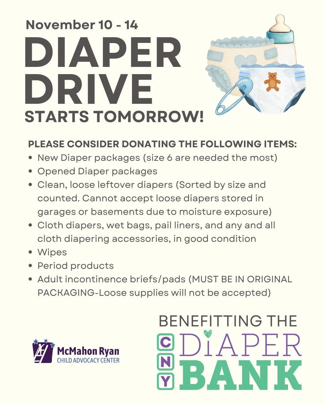 🍼 Our Diaper Drive starts TOMORROW! From November 10&ndash;14, we&rsquo;re collecting diapers to support families in need &mdash; all donations will benefit the CNY Diaper Bank!

You are welcome to drop off your donations at our Center (601 E. Genes