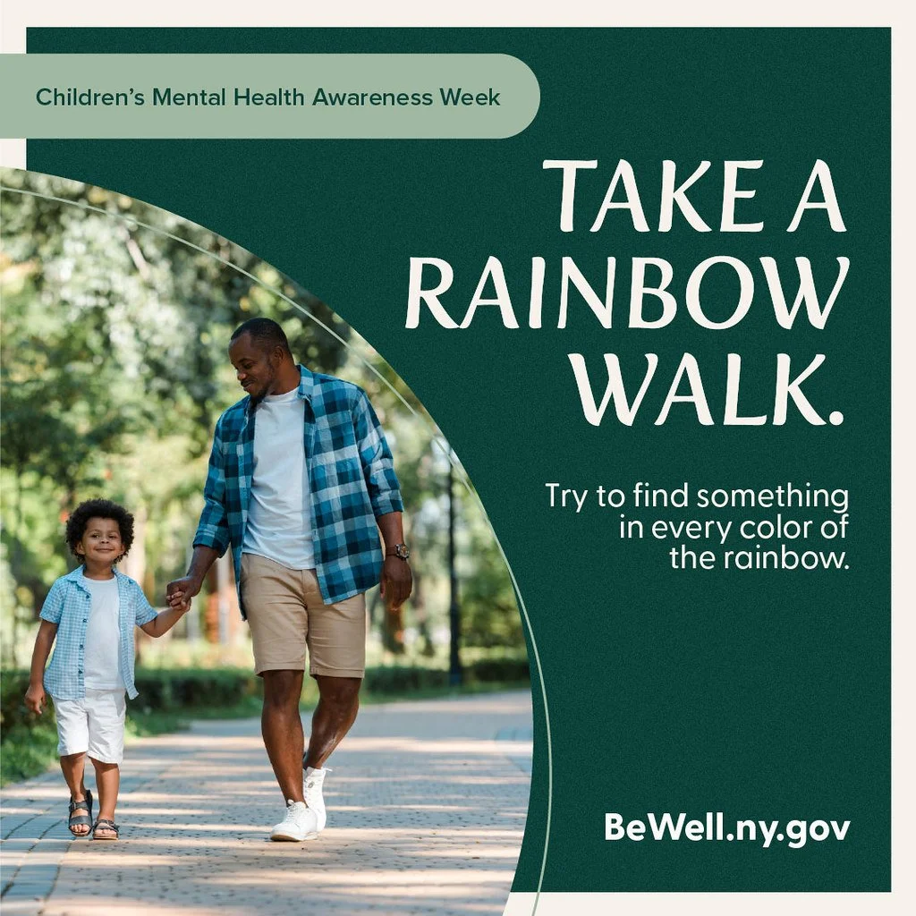 Sometimes the simplest moments make the biggest impact. 🌈 Try a &ldquo;rainbow walk&rdquo; with your child&mdash;spot something in every color as you move together and slow your mind. Small steps can support big feelings. #ChildrensMentalHealthAware